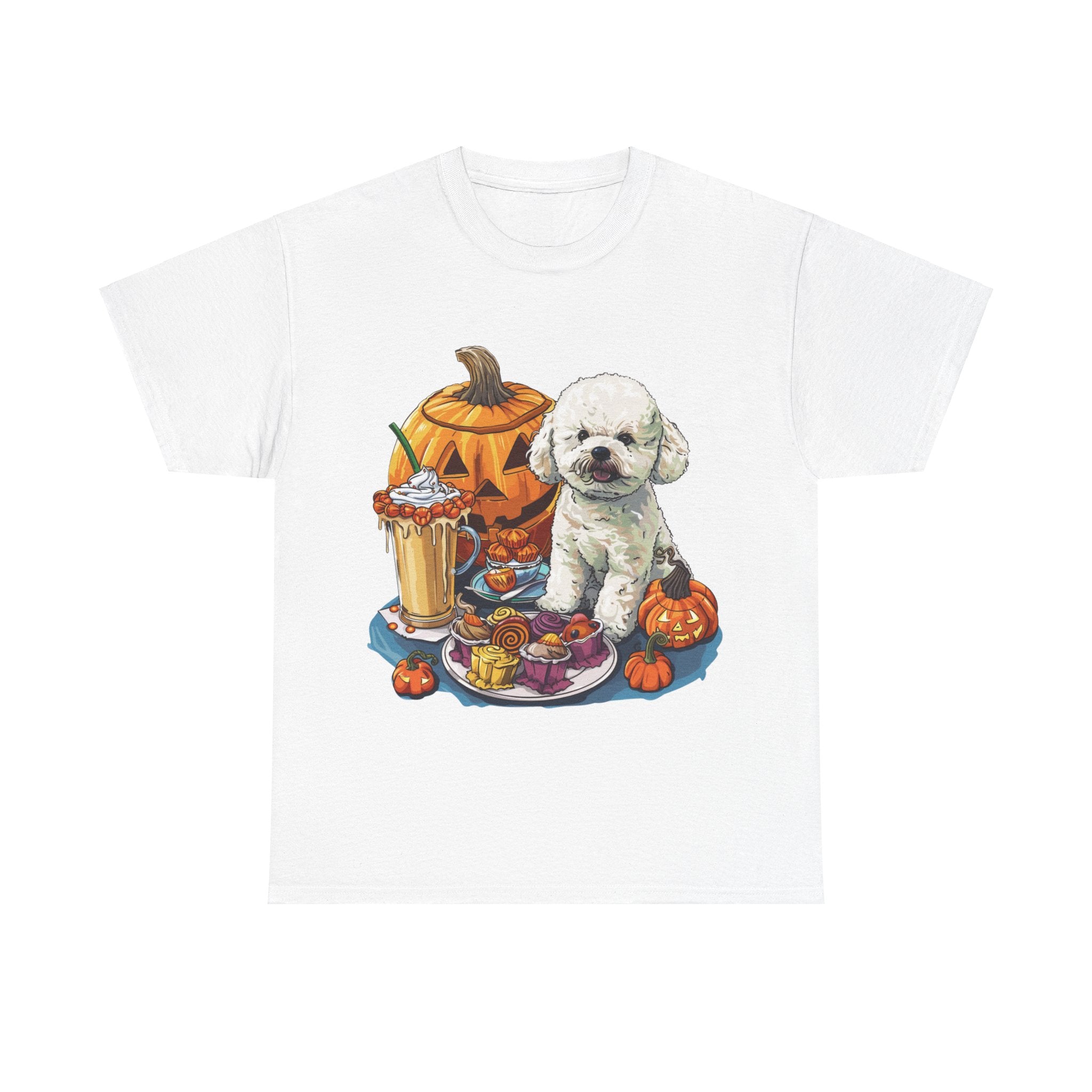 Printify T-Shirt White / S Bichon Frise Halloween Design with Jack-o'-Lanterns and Festive Treats – Perfect for Dog Lovers