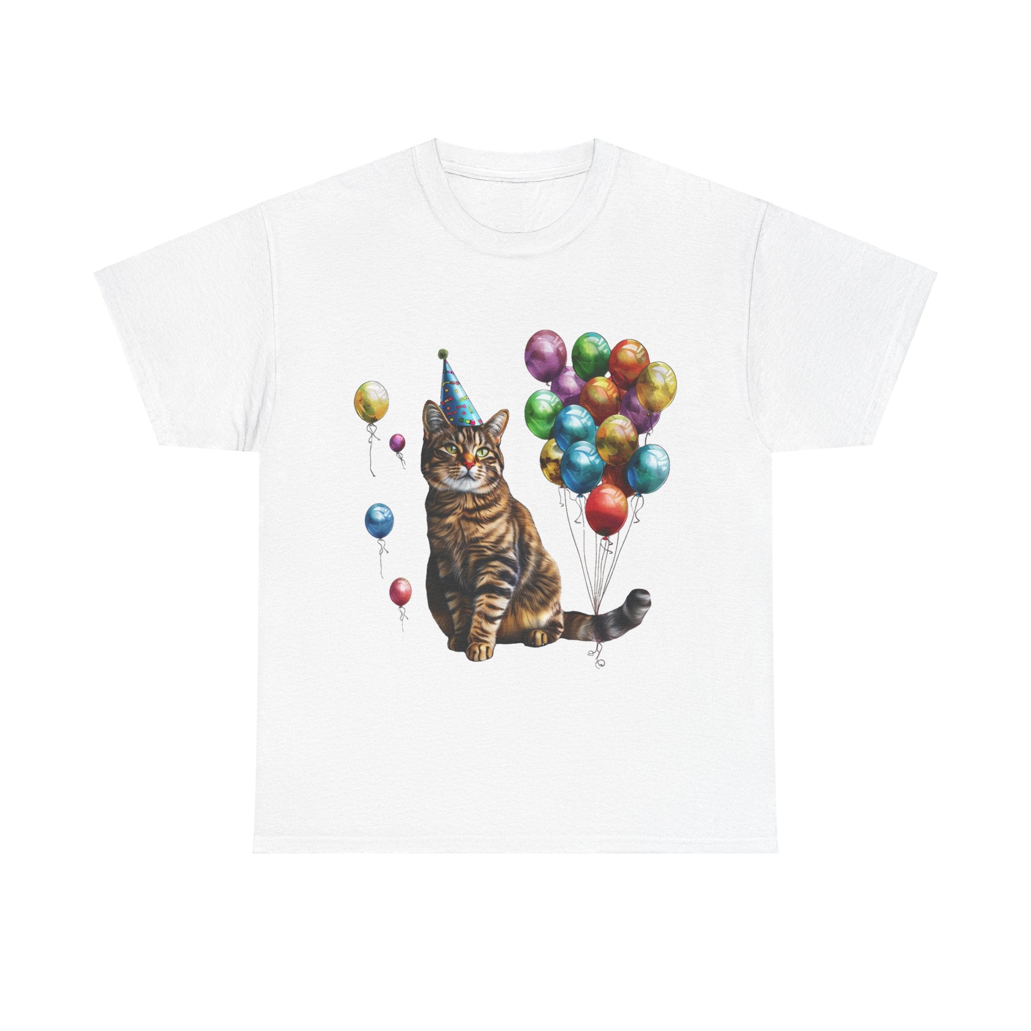 Printify T-Shirt White / S Birthday Cat with Balloons – Celebrate in Feline Style!