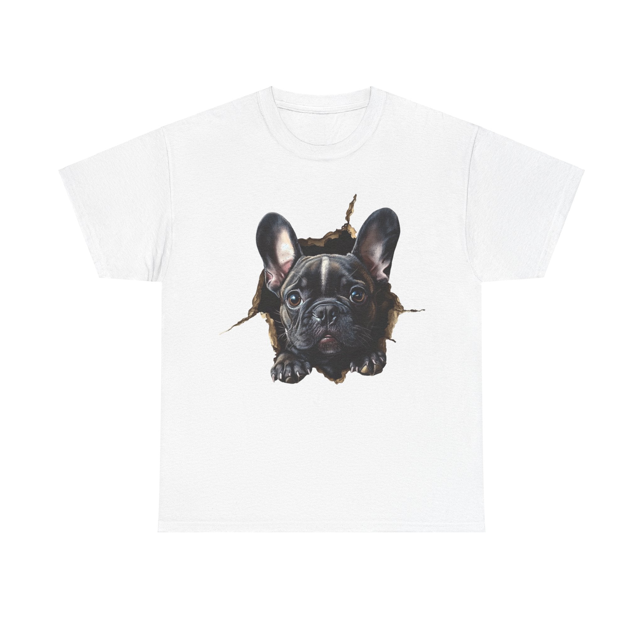 Printify T-Shirt White / S Black French Bulldog Peeking Unisex Heavy Cotton Tee