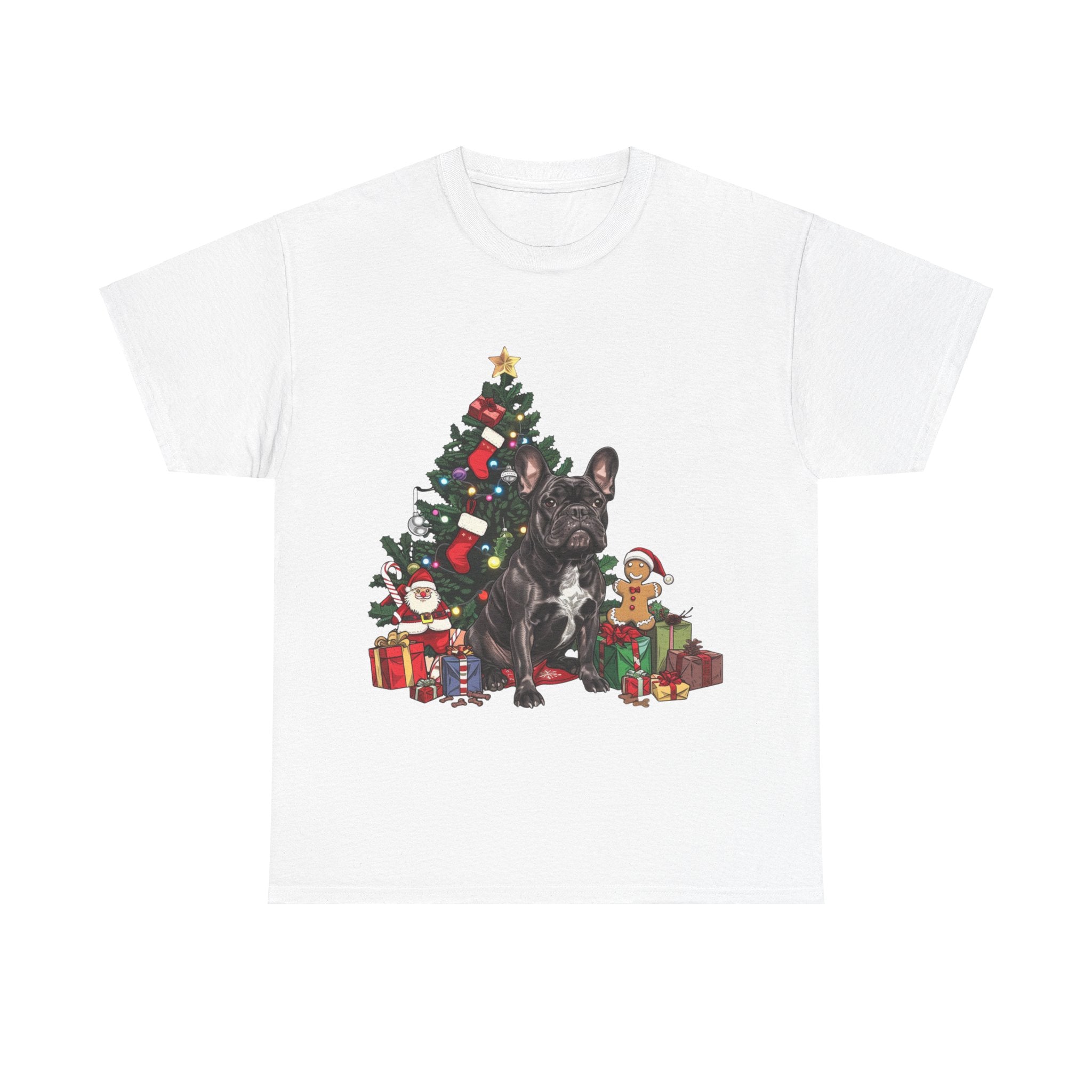 Printify T-Shirt White / S Black French Bulldog with Christmas Tree and Gifts – Festive Holiday Dog Art