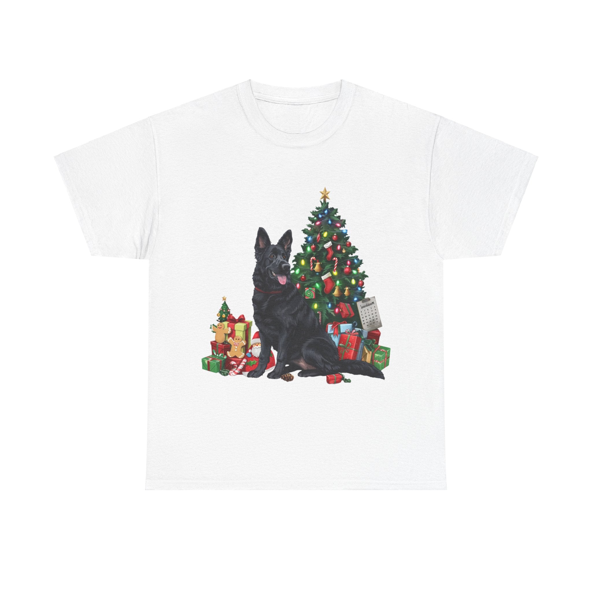 Printify T-Shirt White / S Black German Shepherd with Christmas Tree and Gifts – Festive Holiday Dog Art