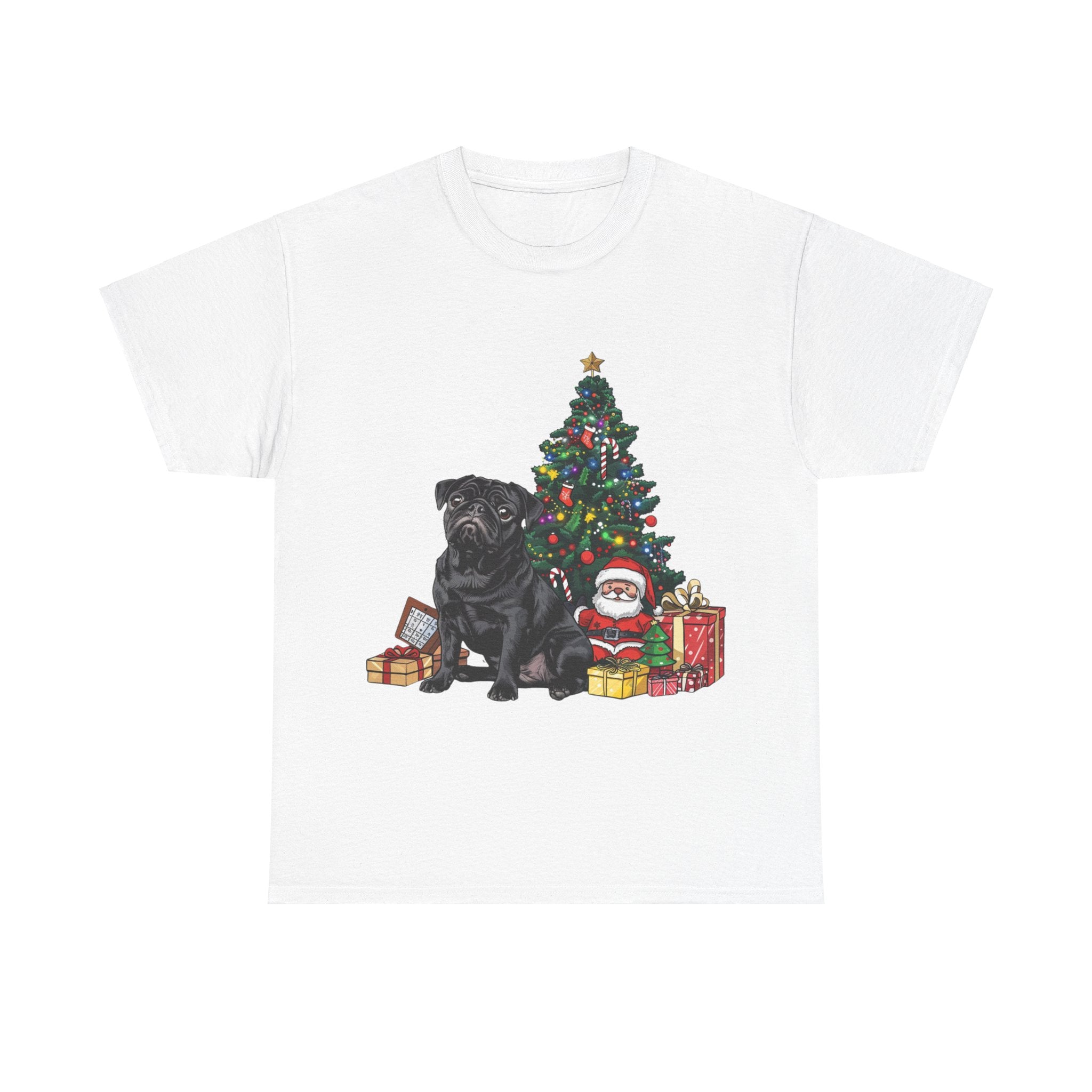 Printify T-Shirt White / S Black Pug with Christmas Tree and Santa – Festive Holiday Dog Art