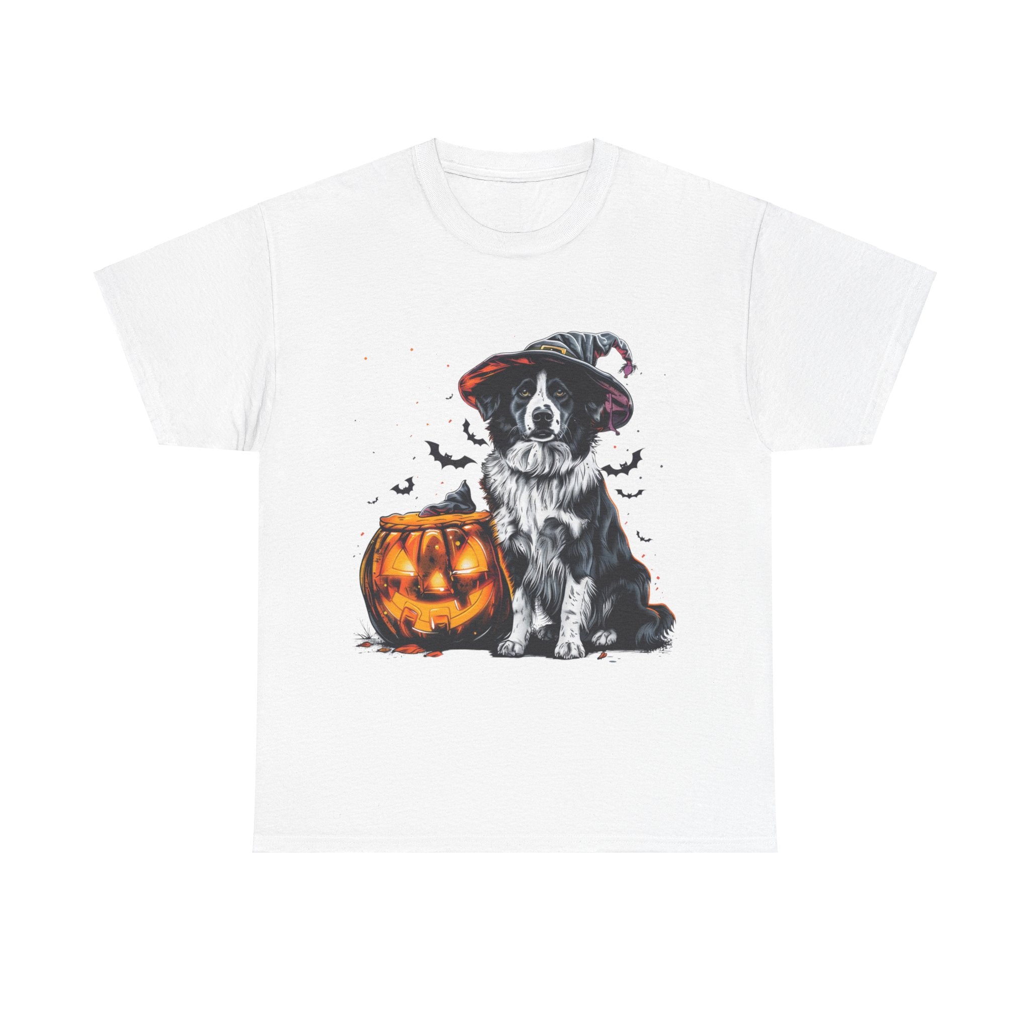 Printify T-Shirt White / S Border Collie Halloween Witch Hat Tee – Unisex Cotton Shirt