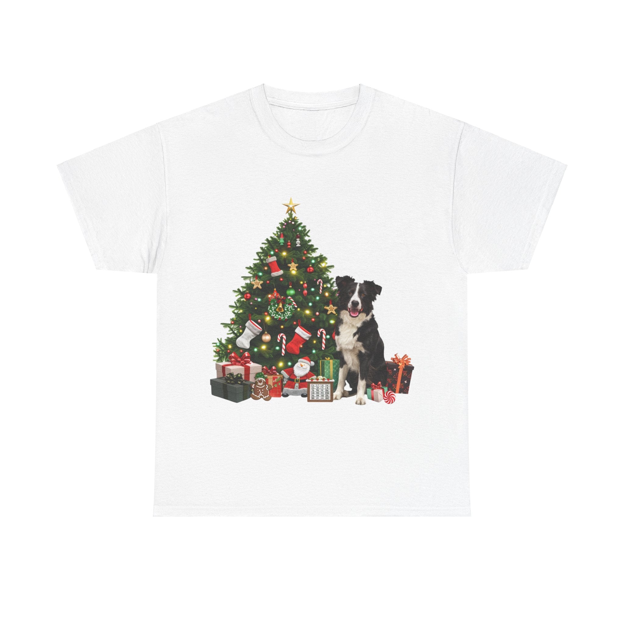 Printify T-Shirt White / S Border Collie with Christmas Tree and Gifts – Festive Holiday Dog Art