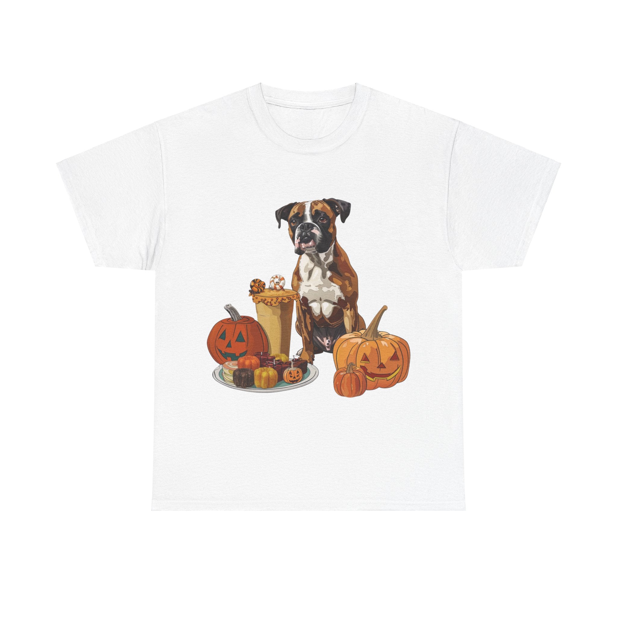 Printify T-Shirt White / S Boxer Halloween Design with Jack-o'-Lanterns and Festive Sweets – Ideal for Dog Lovers