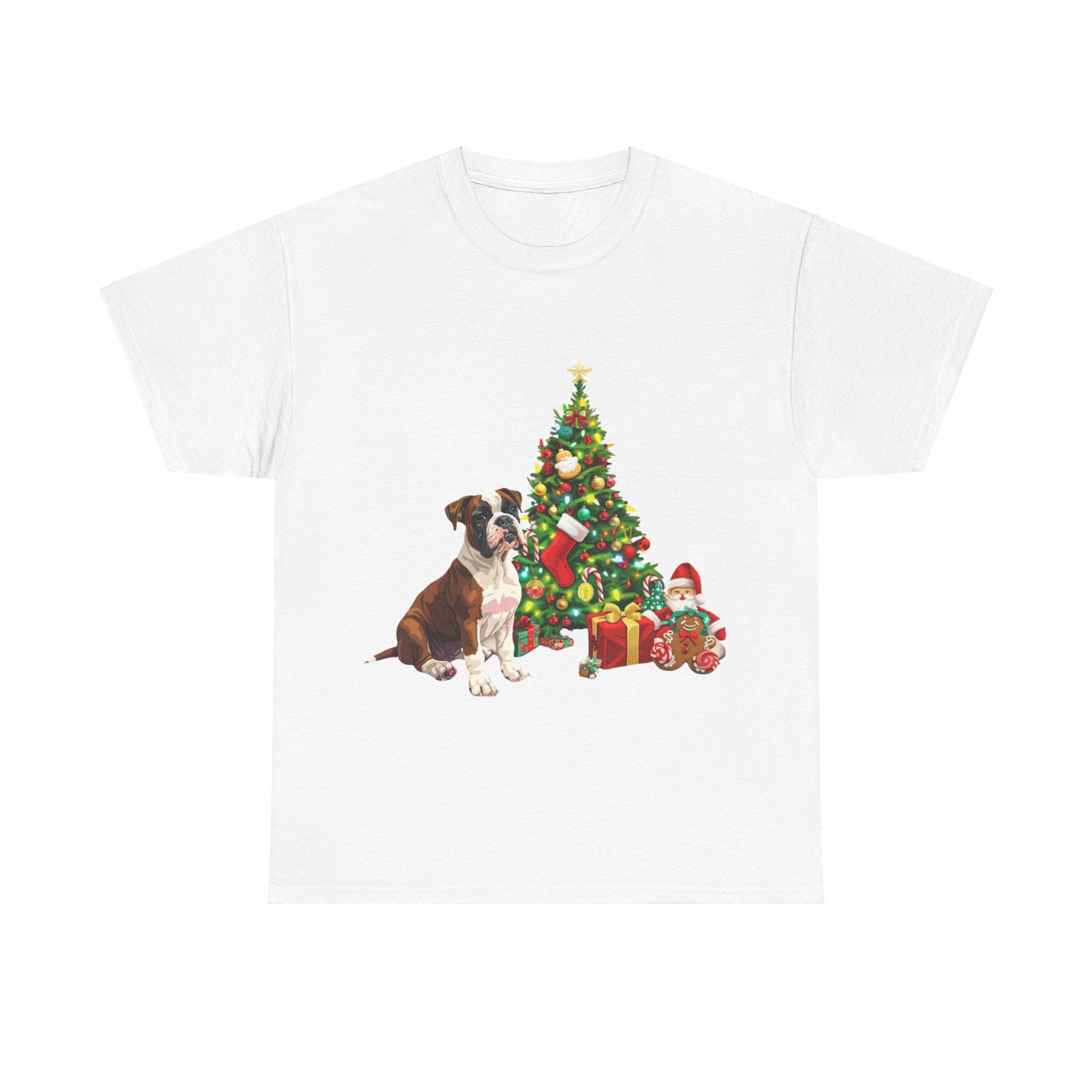 Printify T-Shirt White / S Boxer with Christmas Tree and Gifts – Festive Holiday Dog Art