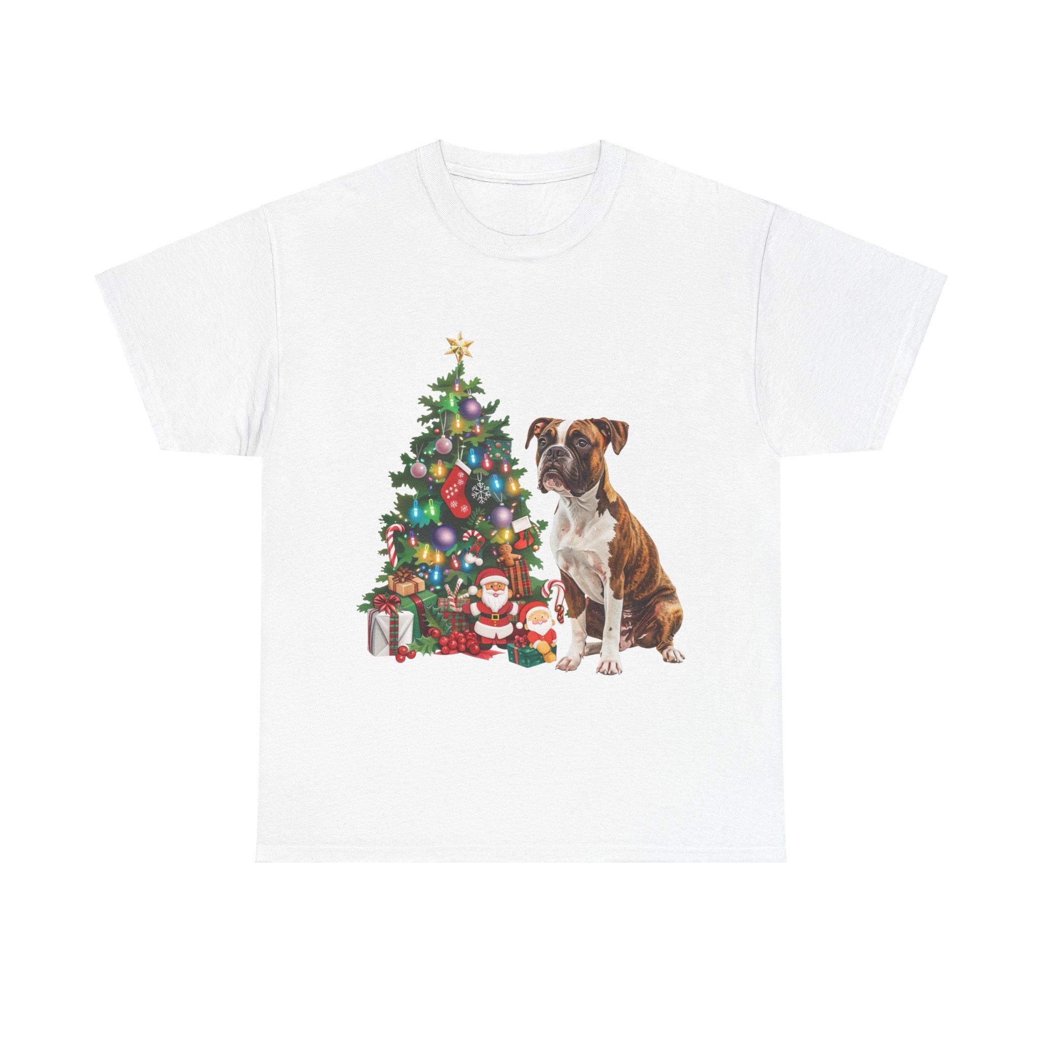 Printify T-Shirt White / S Boxer with Christmas Tree and Santa – Festive Holiday Dog Art