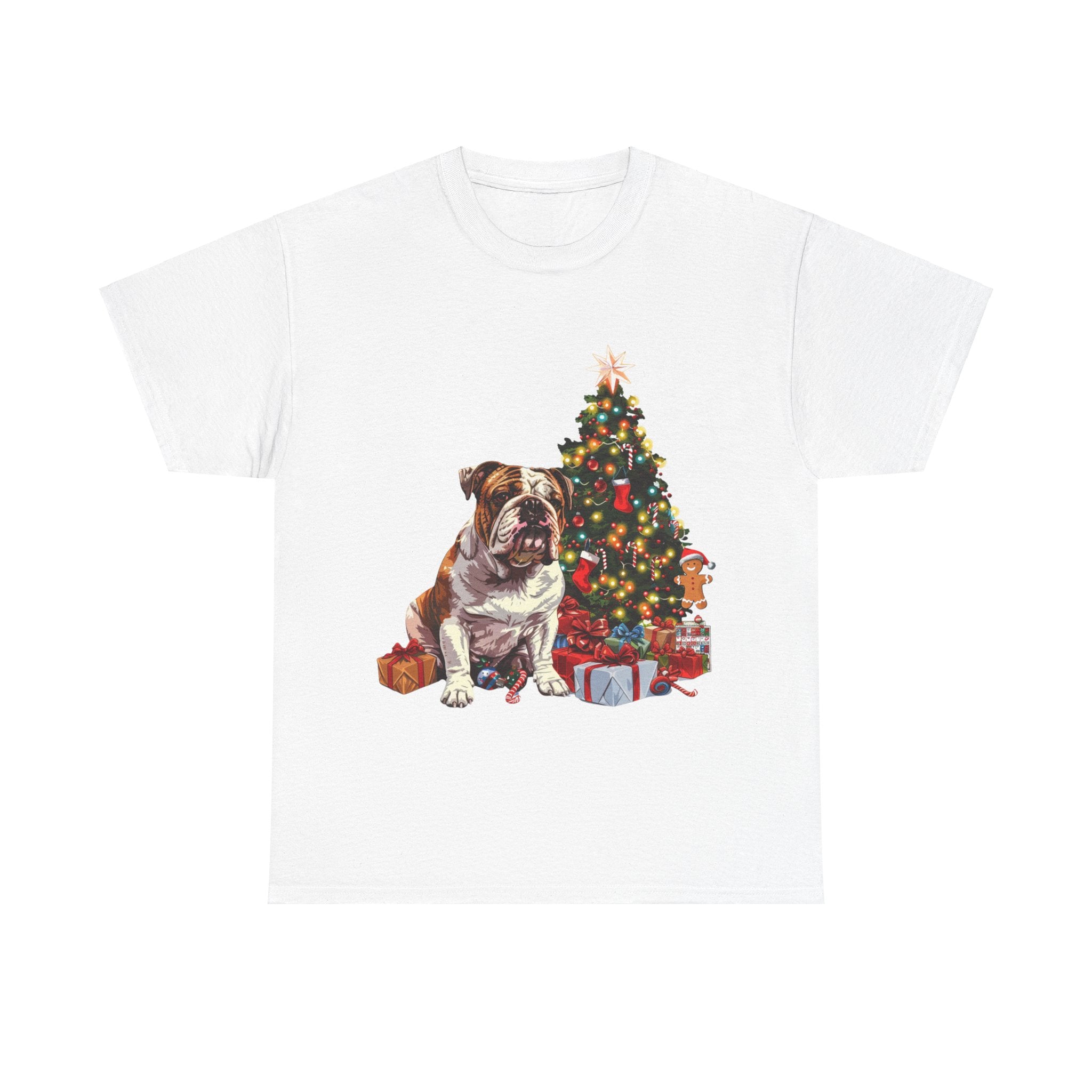 Printify T-Shirt White / S Bulldog with Christmas Tree and Gifts – Festive Holiday Dog Art