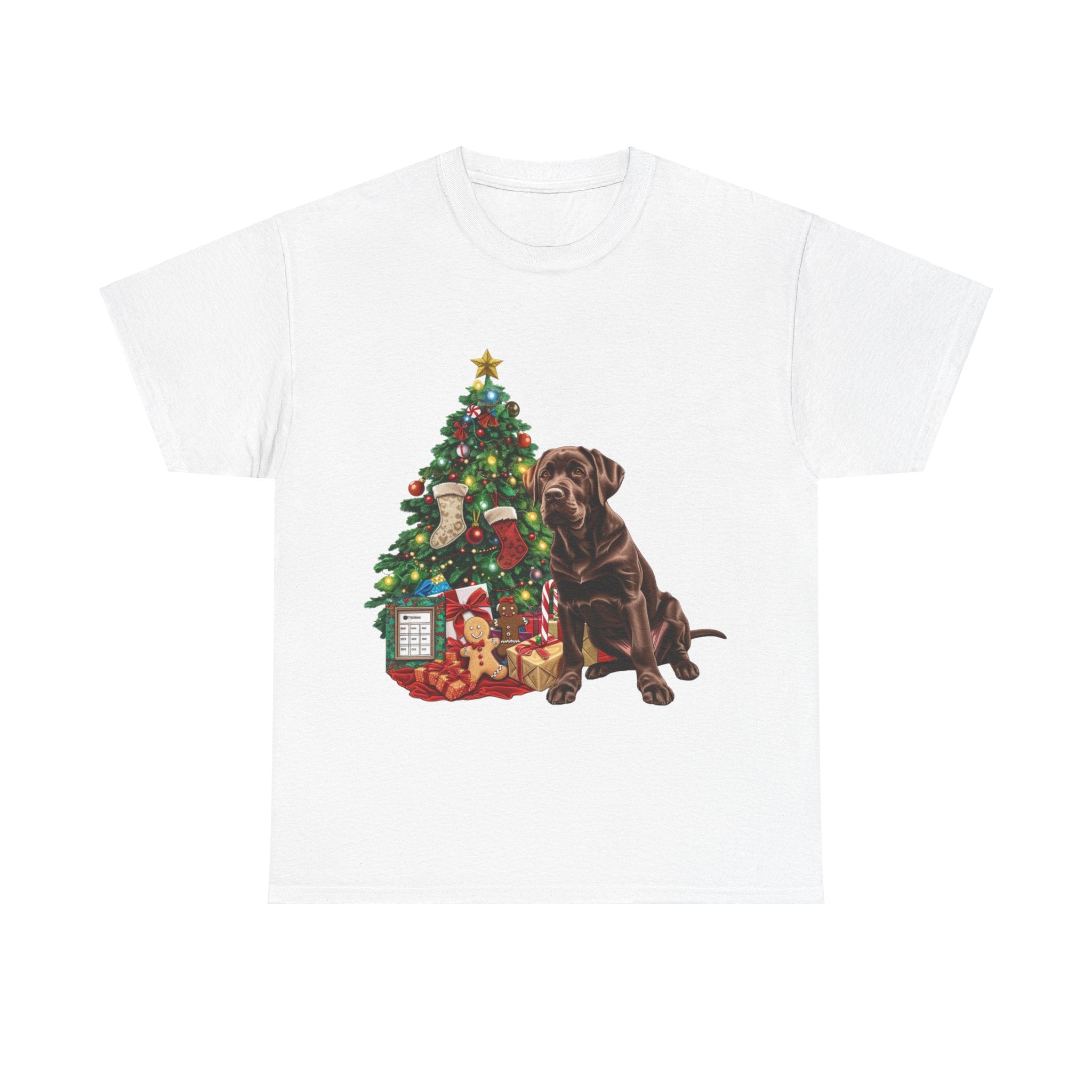 Printify T-Shirt White / S Chocolate Labrador with Christmas Tree and Presents – Festive Holiday Dog Art