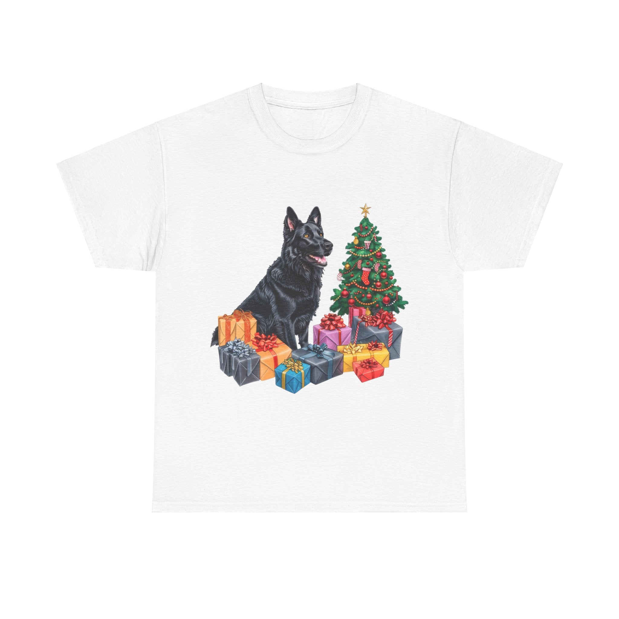 Printify T-Shirt White / S Christmas Black Shepherd Dog with Gifts and Tree – A Festive and Loyal Companion