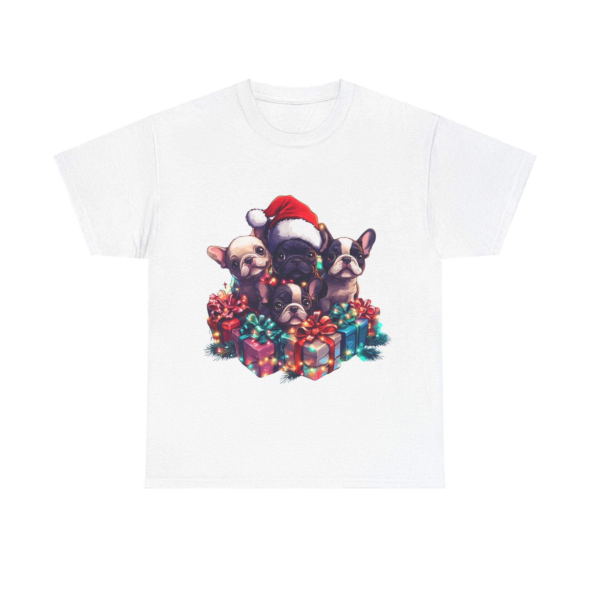 Printify T-Shirt White / S Christmas French Bulldog Gift Box Unisex Heavy Cotton Tee