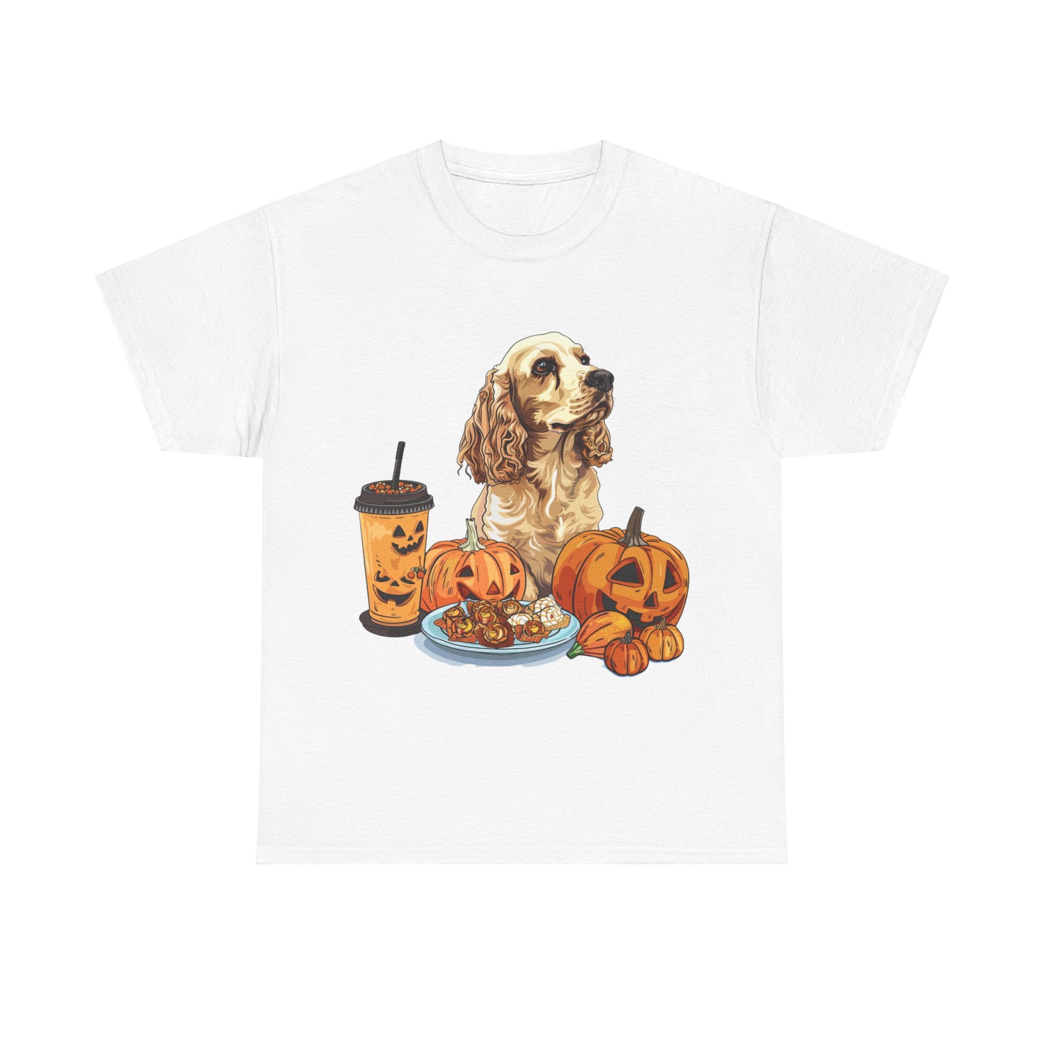 Printify T-Shirt White / S Cocker Spaniel Halloween Design with Pumpkins and Sweet Treats – Ideal for Dog Lovers