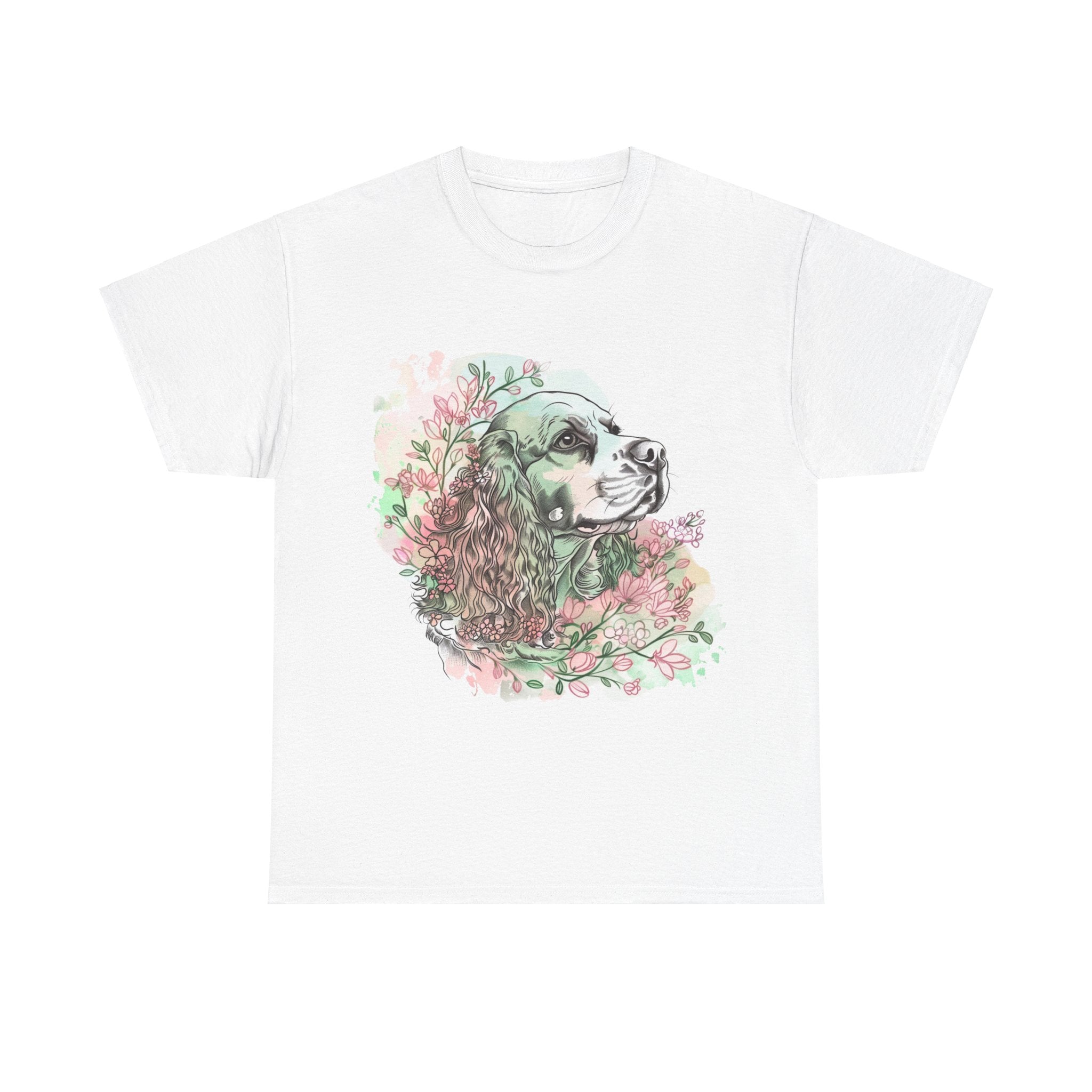 Printify T-Shirt White / S Cocker Spaniel with Floral Accents – Artistic Dog Illustration