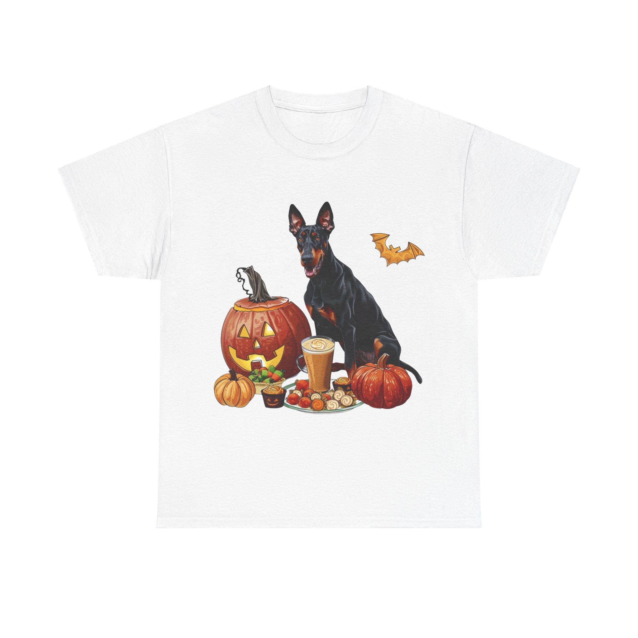 Printify T-Shirt White / S Doberman Halloween Design with Jack-o'-Lanterns and Festive Treats – Perfect for Dog Lovers