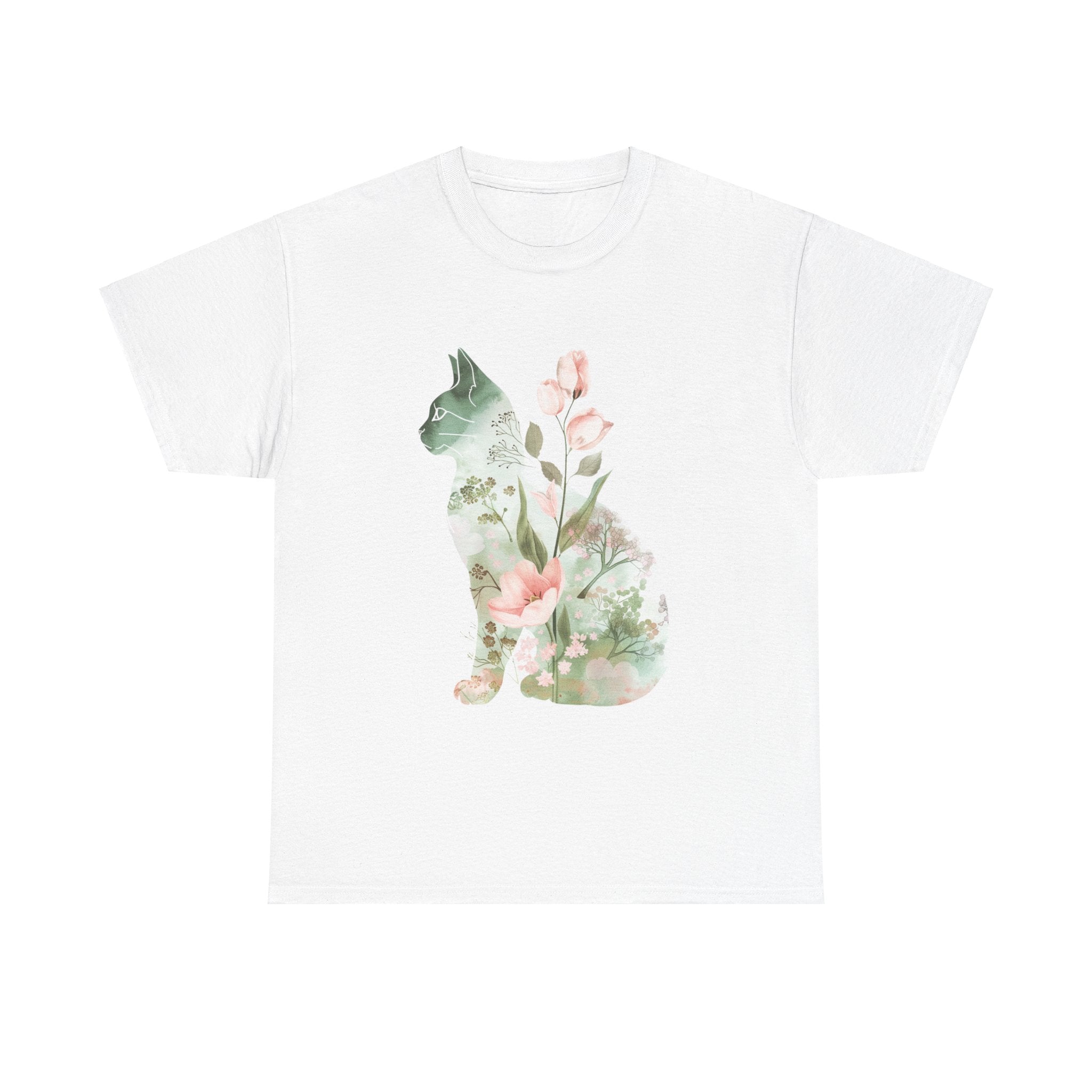 Printify T-Shirt White / S Floral Cat Unisex Heavy Cotton Tee