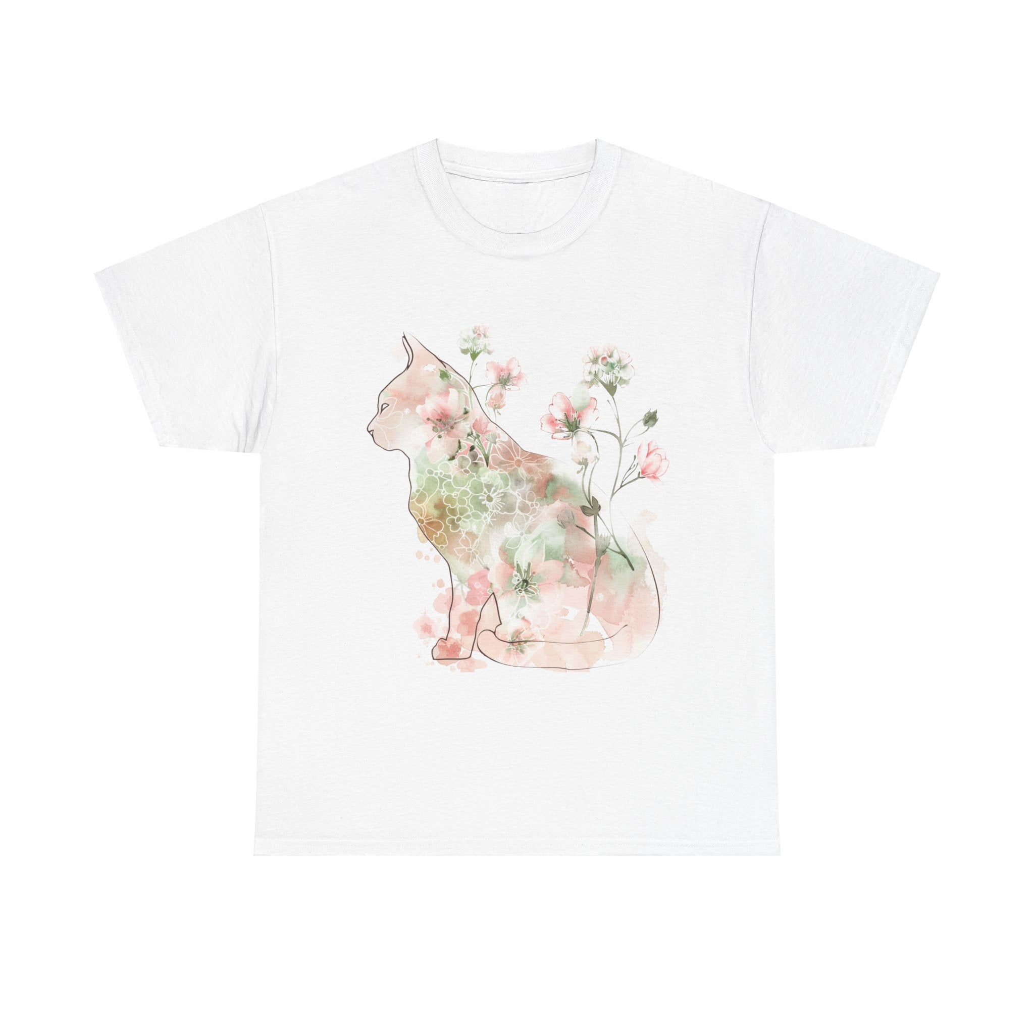 Printify T-Shirt White / S Floral Cat Unisex Heavy Cotton Tee