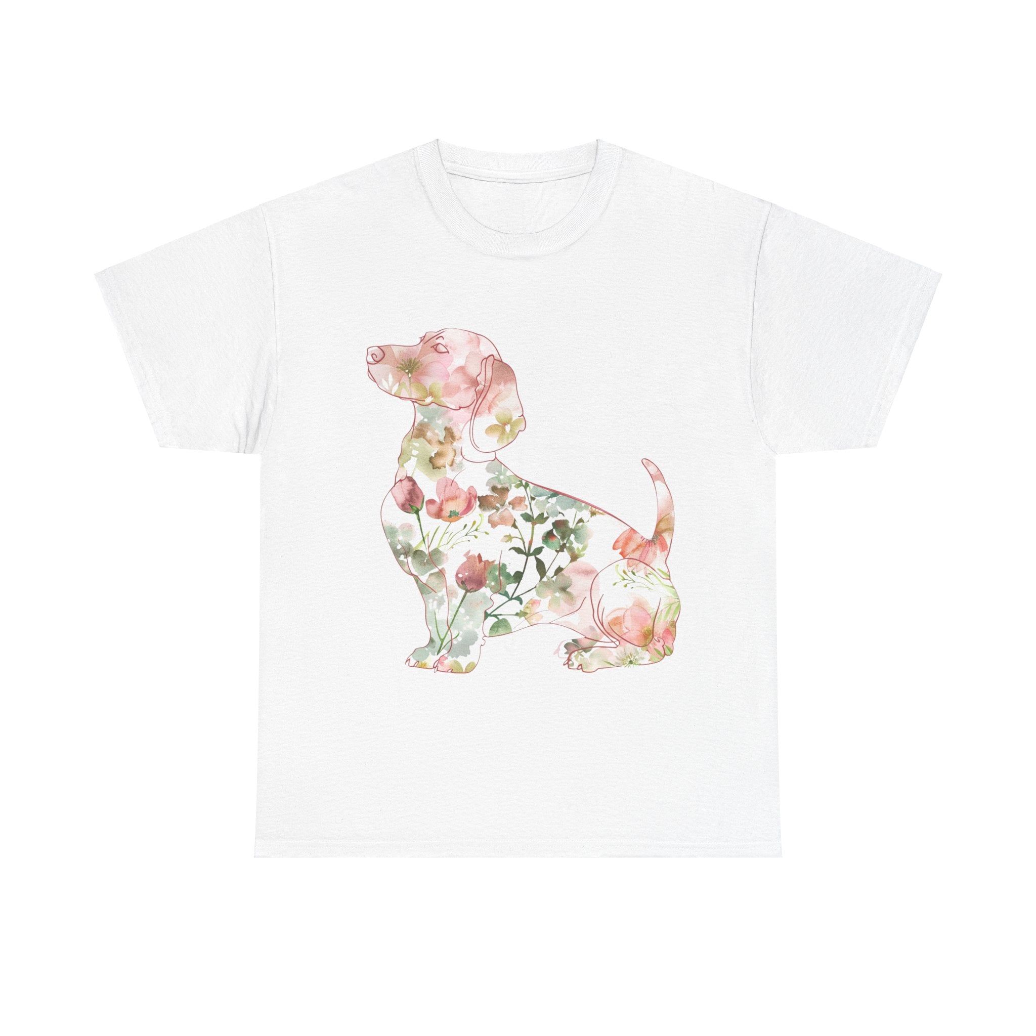 Printify T-Shirt White / S Floral Dachshund Unisex Heavy Cotton Tee