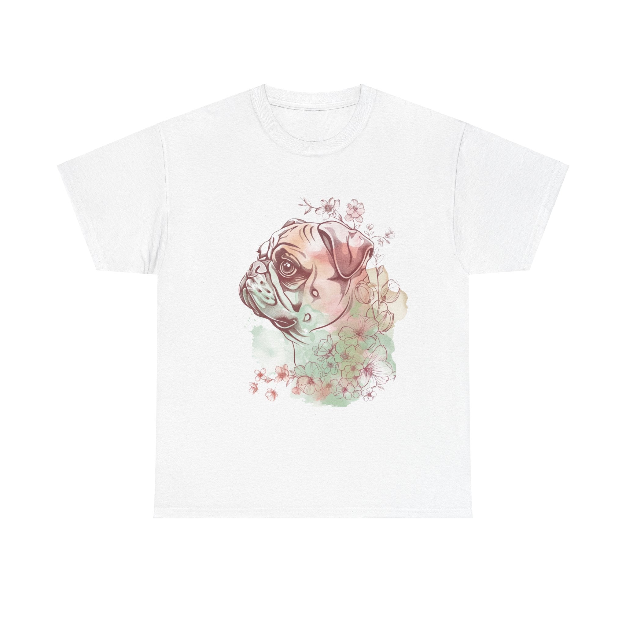 Printify T-Shirt White / S Floral Pug Silhouette Unisex Heavy Cotton Tee