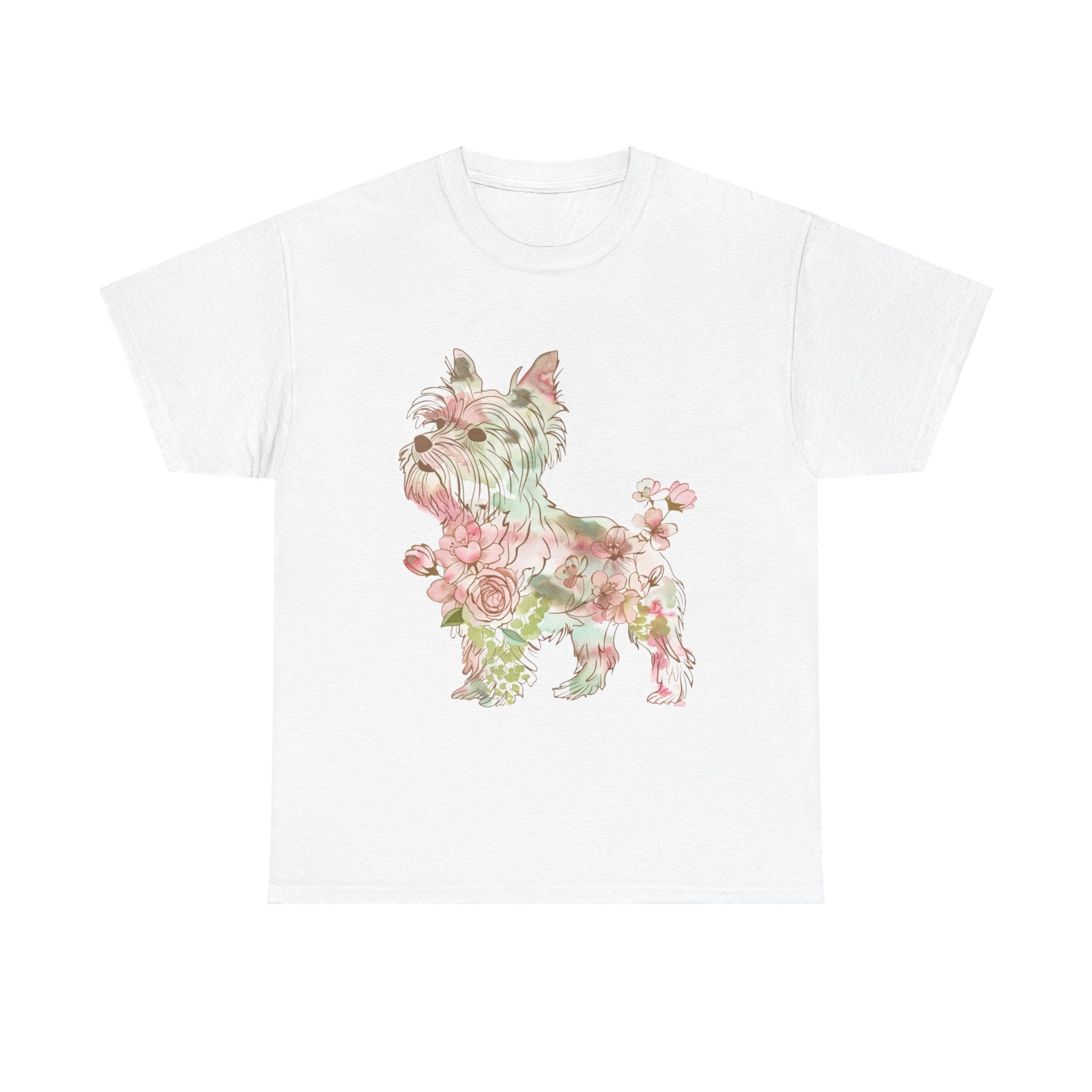 Printify T-Shirt White / S Floral Yorkshire Terrier Unisex Cotton Tee