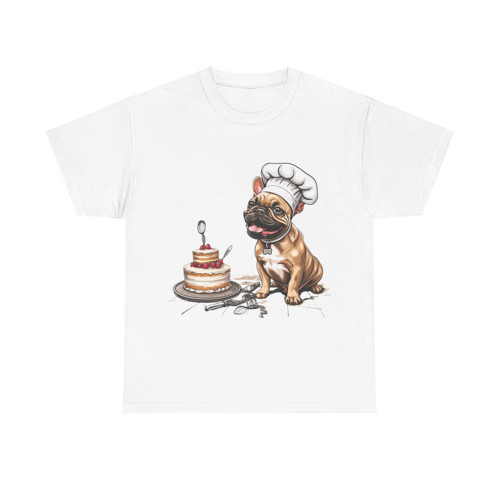 Printify T-Shirt White / S French Bulldog Chef Design with Cake – Perfect for Dog Lovers and Baking Enthusiasts