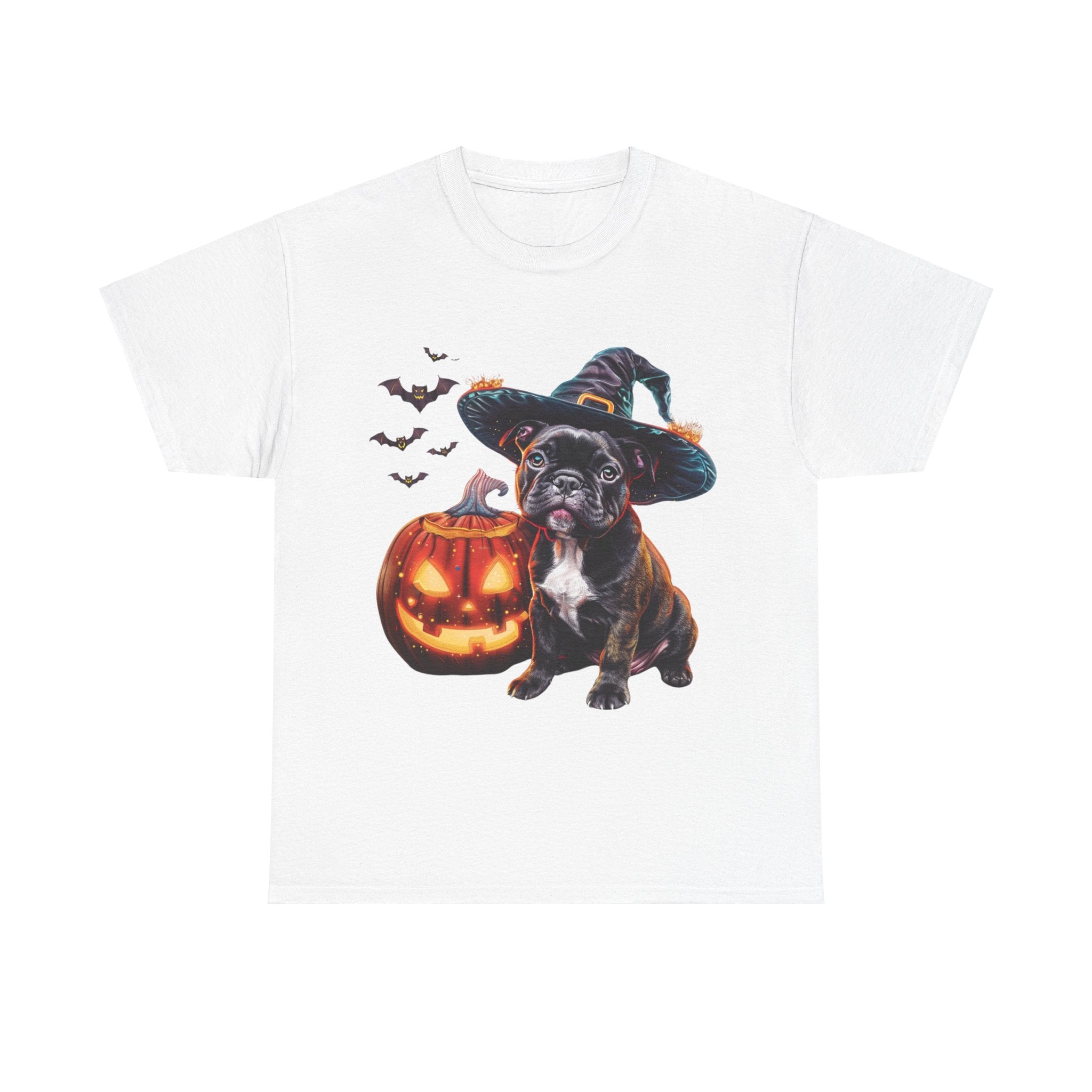 Printify T-Shirt White / S French Bulldog Halloween Witch Hat and Pumpkin Unisex Cotton Tee