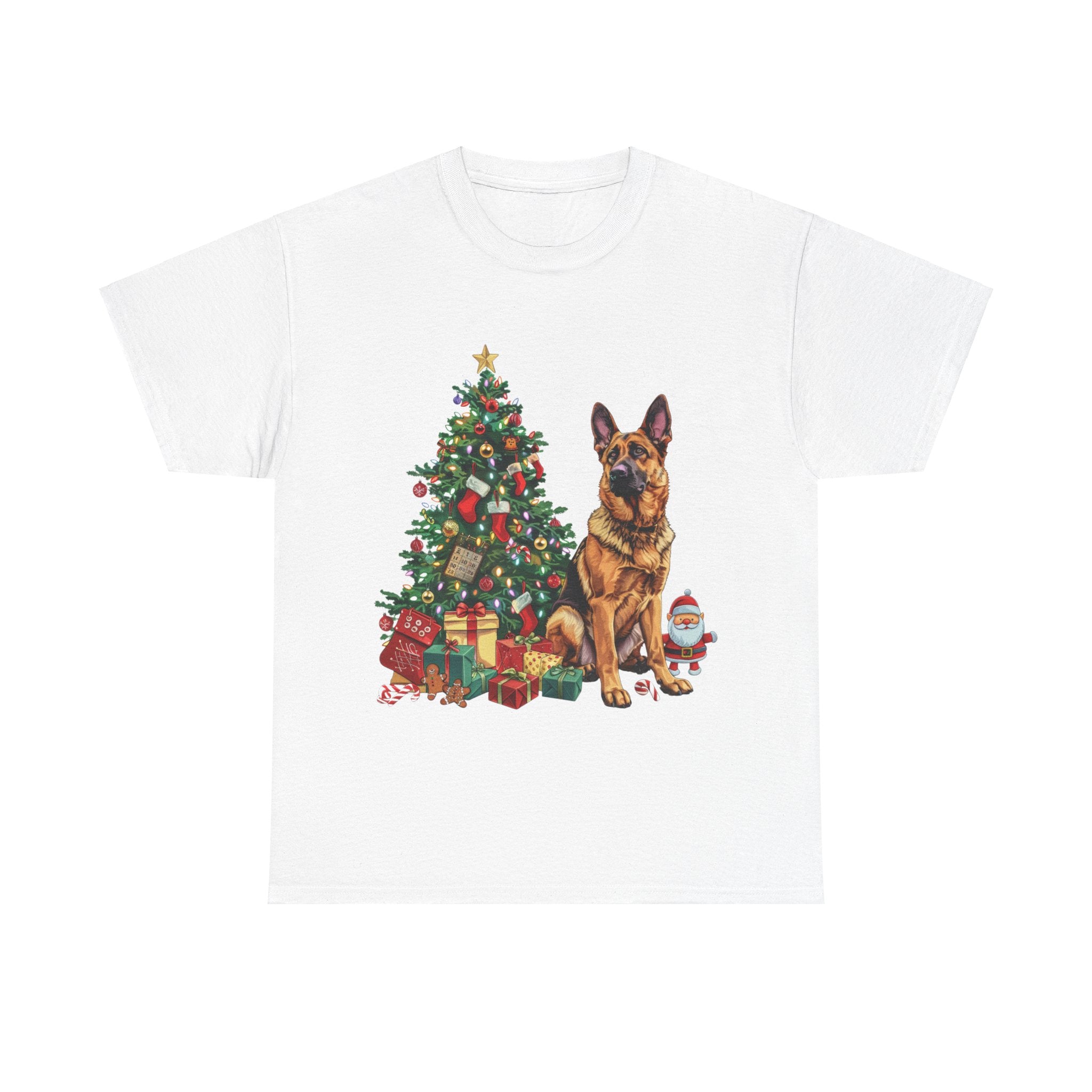 Printify T-Shirt White / S German Shepherd Christmas Tree with Santa and Gifts – Festive Holiday Dog Art for Christmas