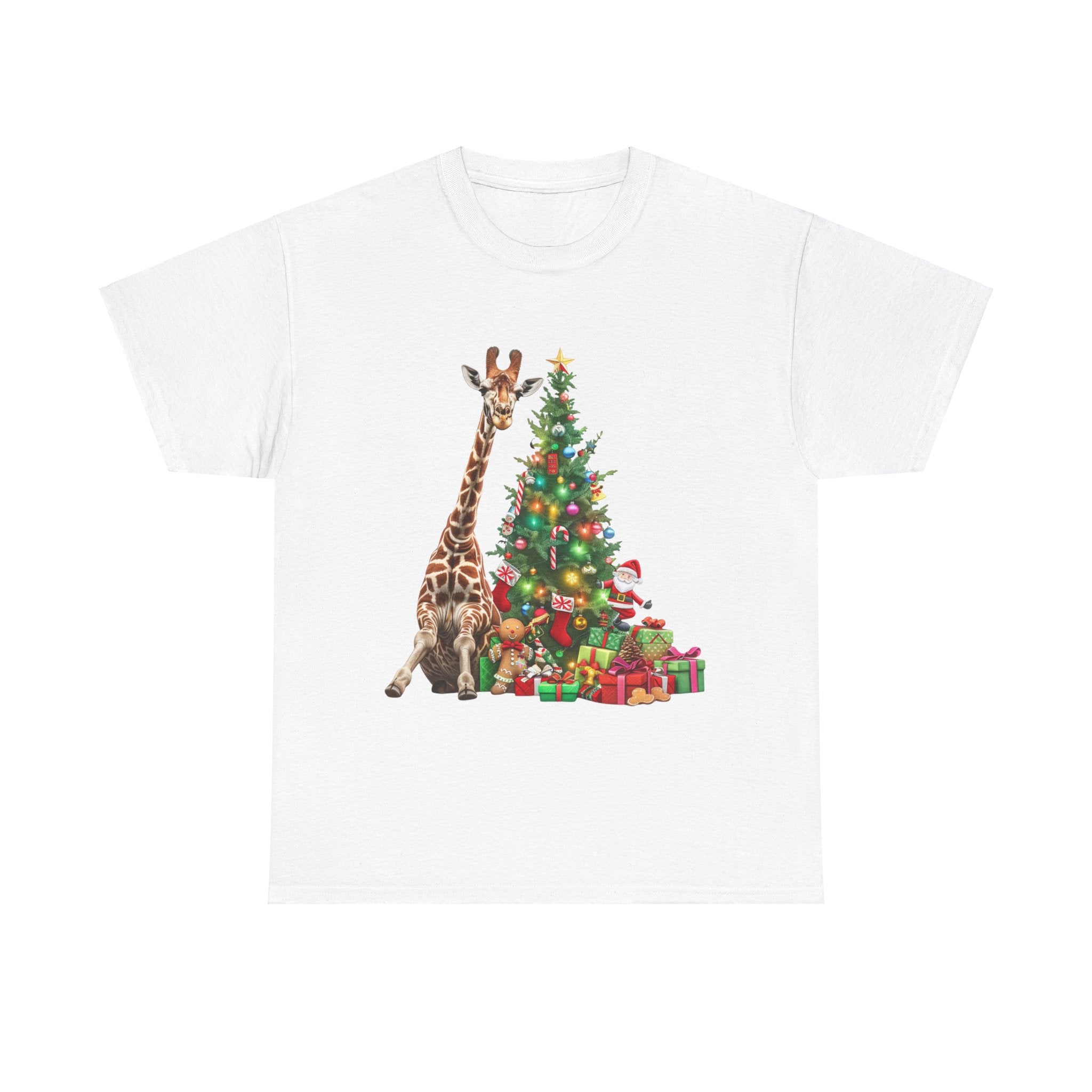 Printify T-Shirt White / S Giraffe with Christmas Tree and Gifts – Fun Holiday Animal Art