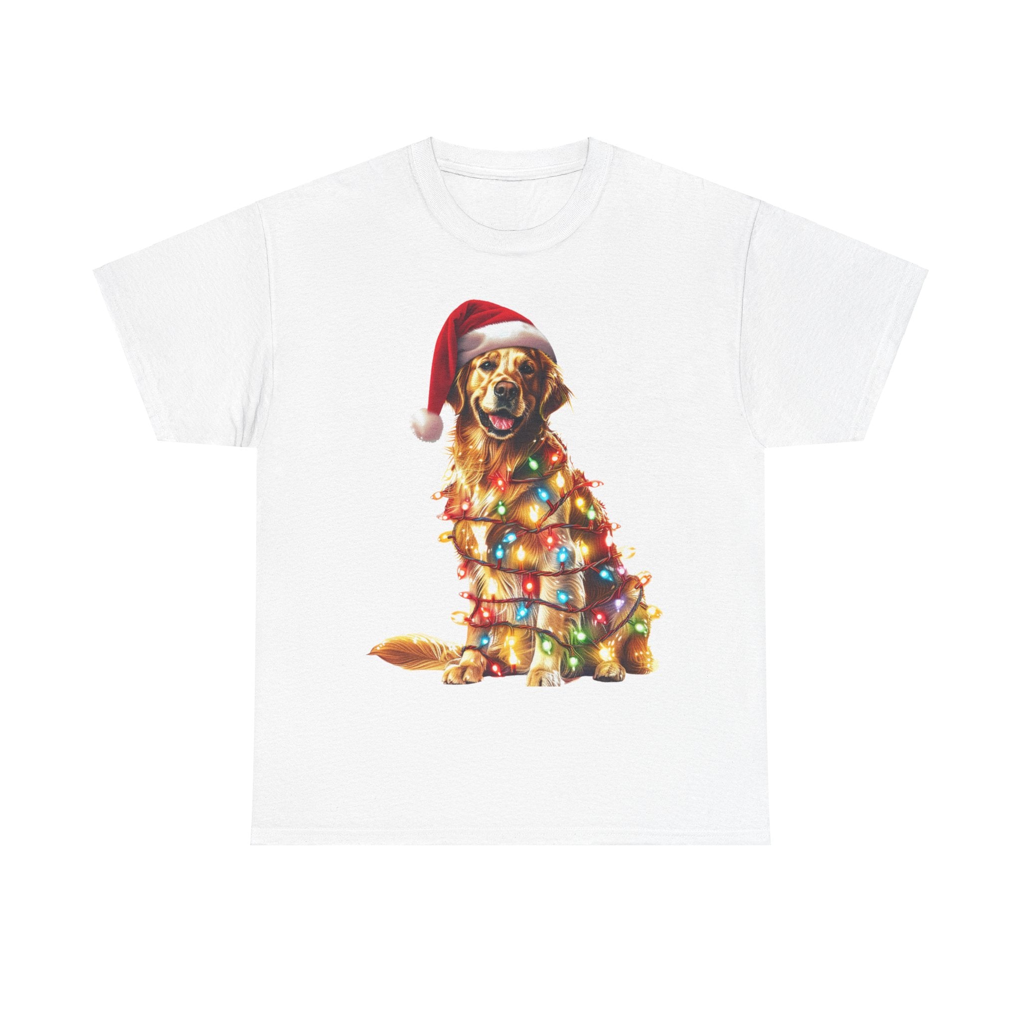 Printify T-Shirt White / S Golden Retriever Christmas Lights Unisex Heavy Cotton Tee