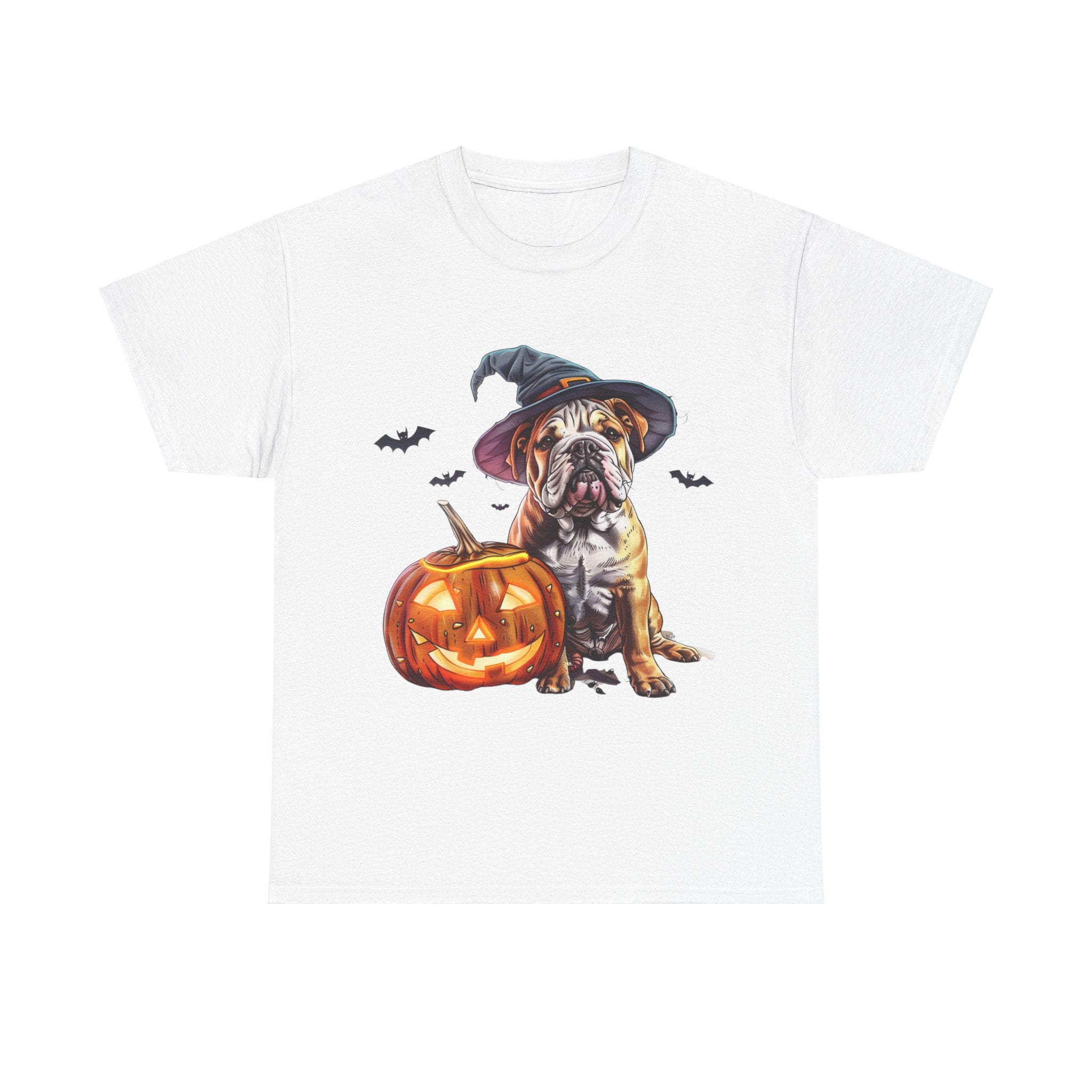 Printify T-Shirt White / S Halloween Bulldog Witch Hat & Pumpkin Glow Unisex Cotton Tee