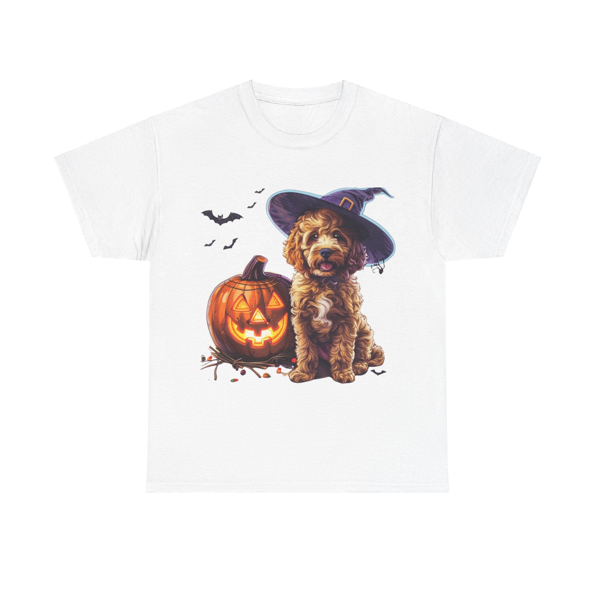 Printify T-Shirt White / S Halloween Cockapoo Witch Hat & Glowing Pumpkin Unisex Cotton Tee