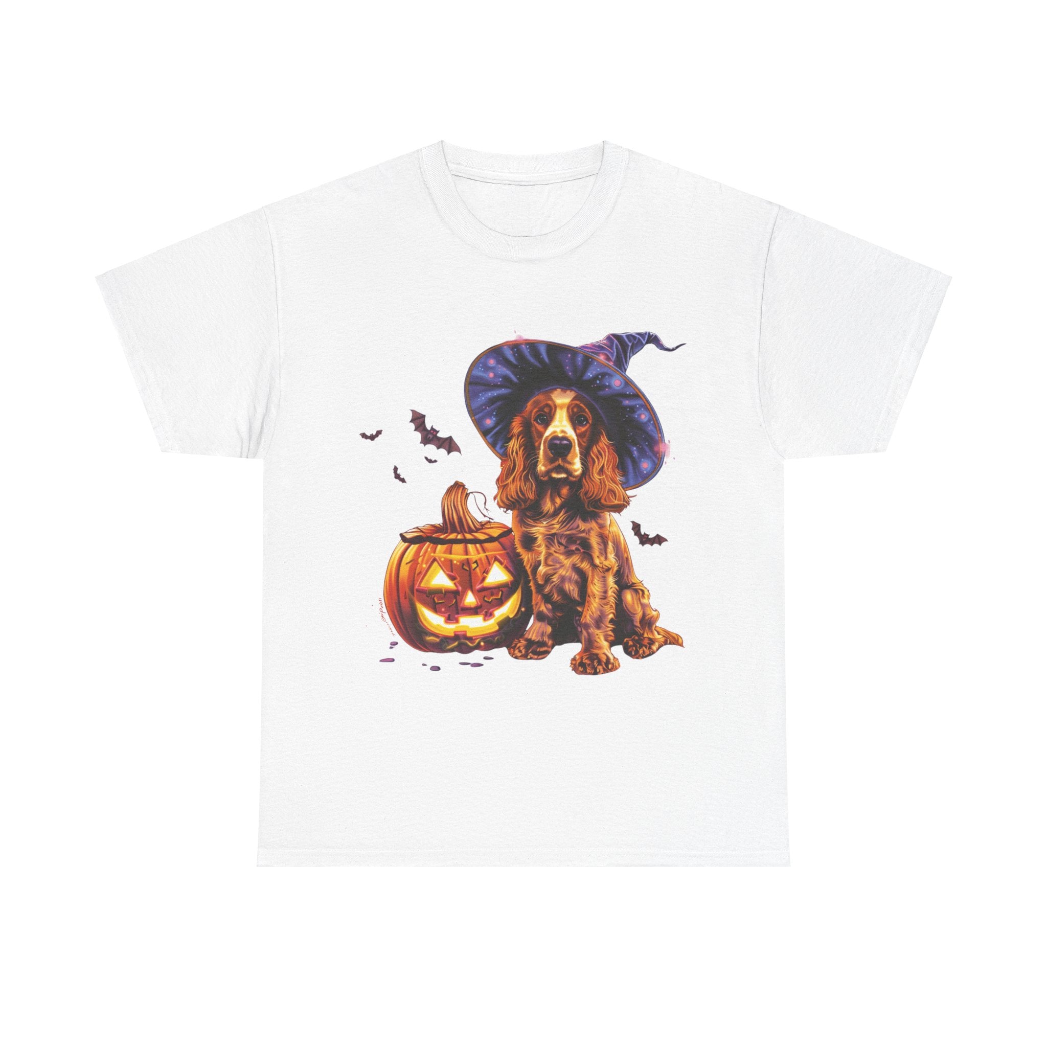 Printify T-Shirt White / S Halloween Cocker Spaniel Witch Hat and Pumpkin Unisex Cotton Tee