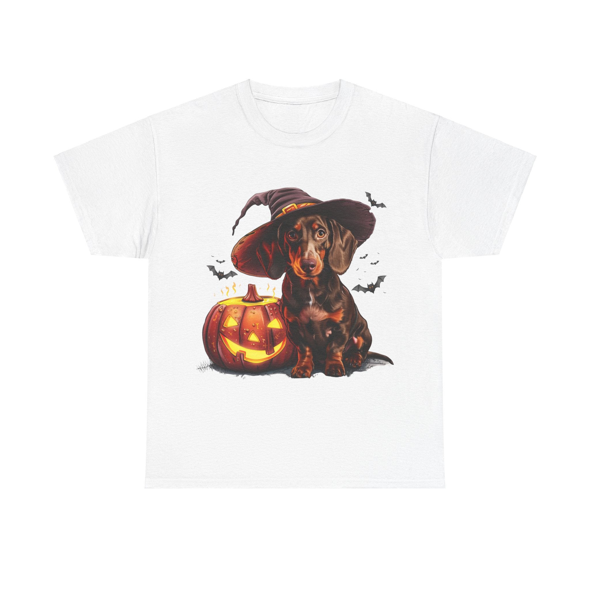 Printify T-Shirt White / S Halloween Dachshund in Witch Hat Tee – Unisex Cotton Shirt