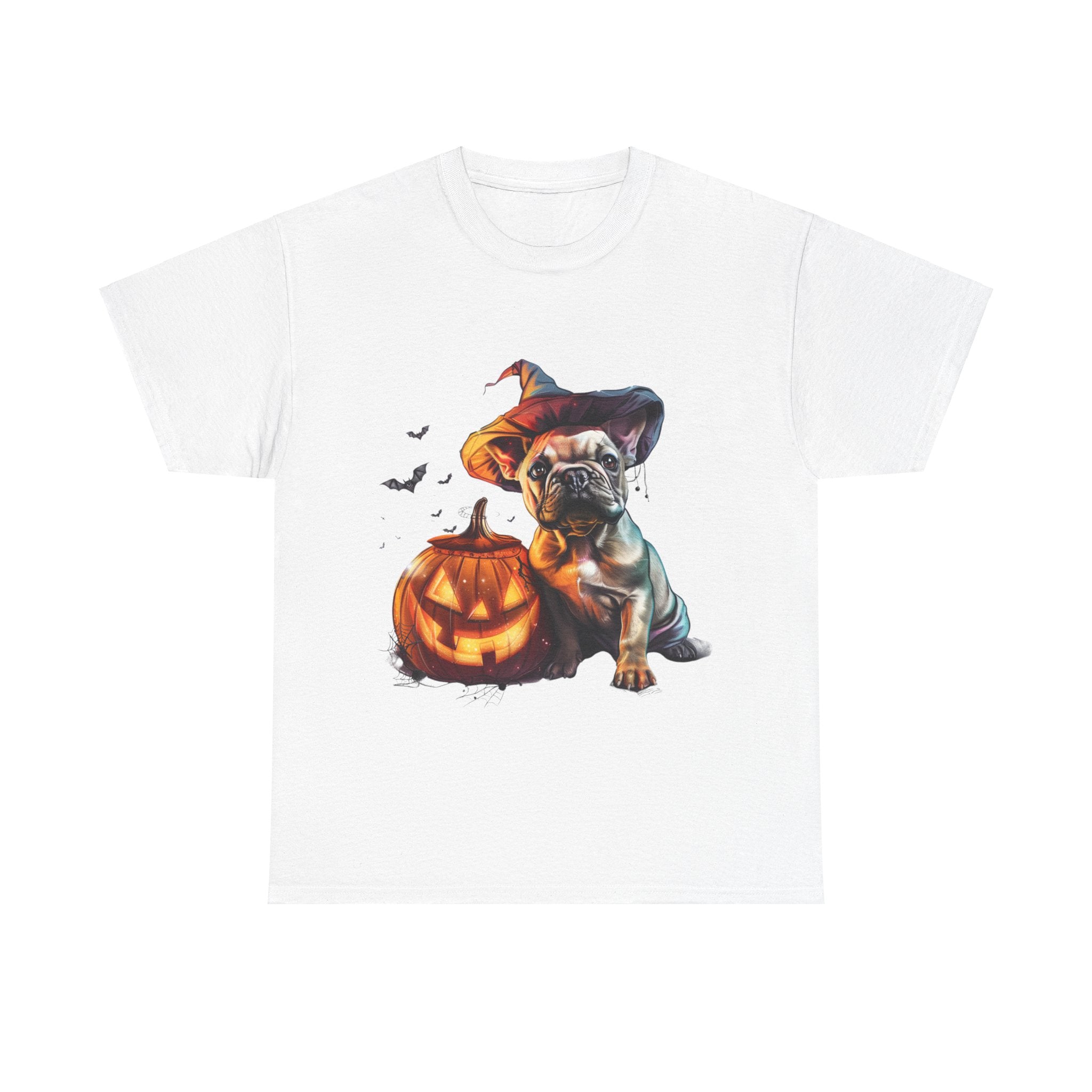 Printify T-Shirt White / S Halloween French Bulldog with Pumpkin and Witch Hat Unisex Cotton Tee