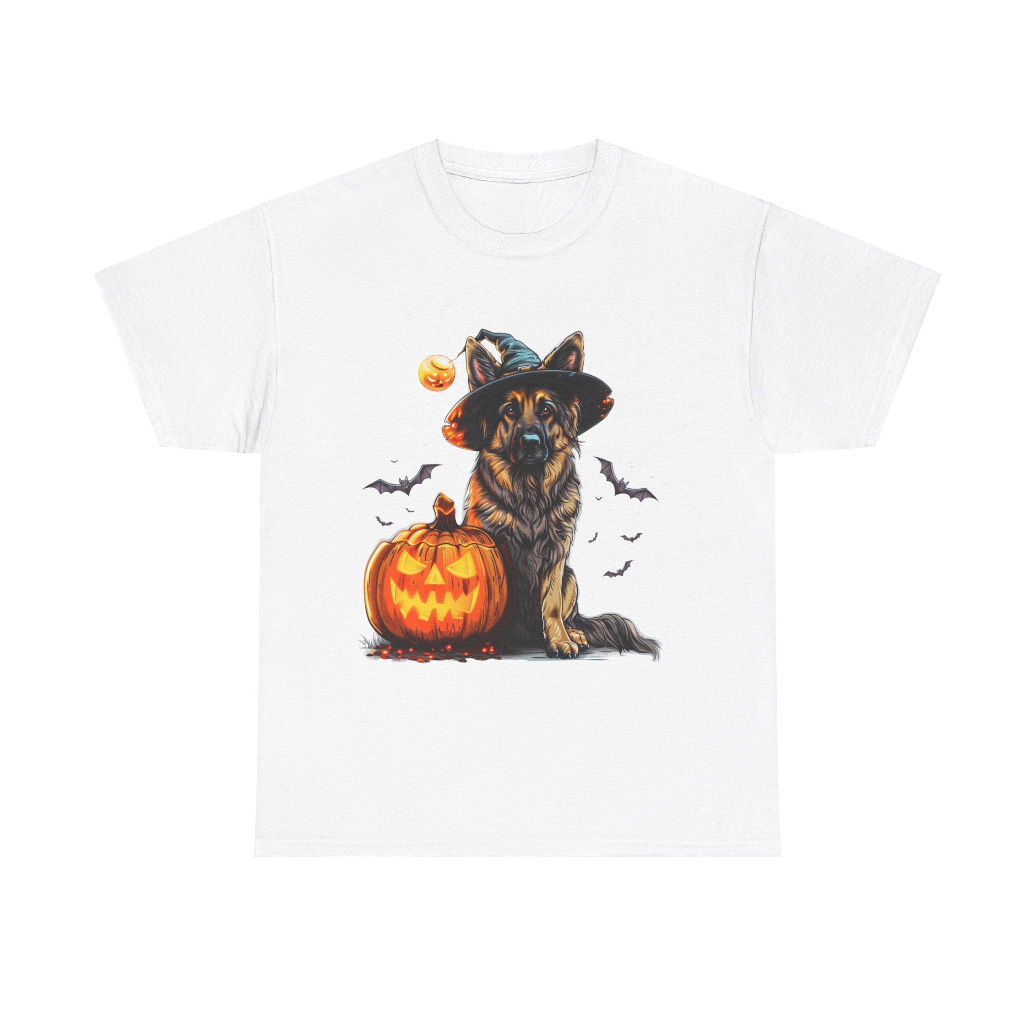 Printify T-Shirt White / S Halloween German Shepherd with Witch Hat and Pumpkin Unisex Cotton Tee