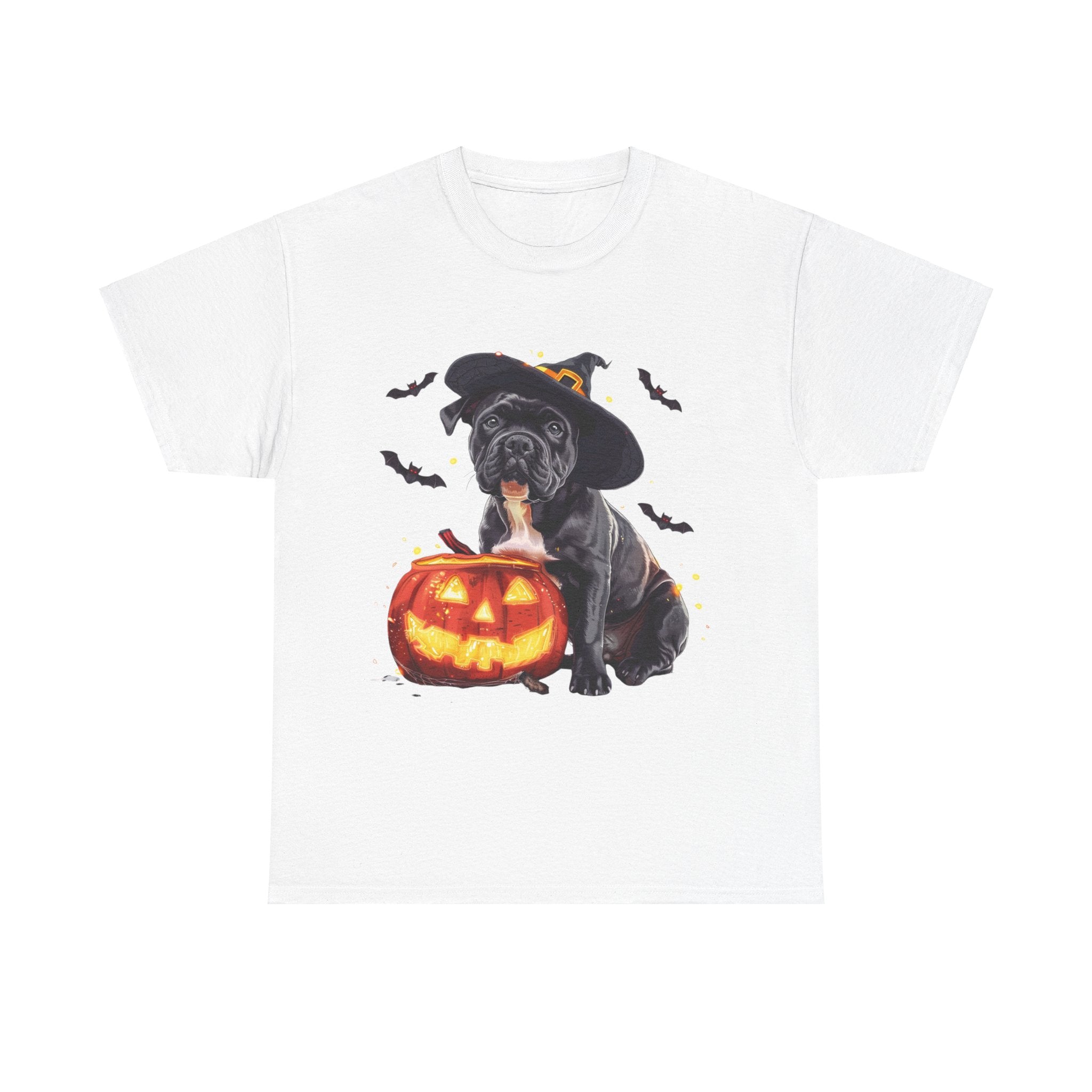 Printify T-Shirt White / S Halloween Staffordshire Bull Terrier in Witch Hat Tee – Unisex Cotton Shirt