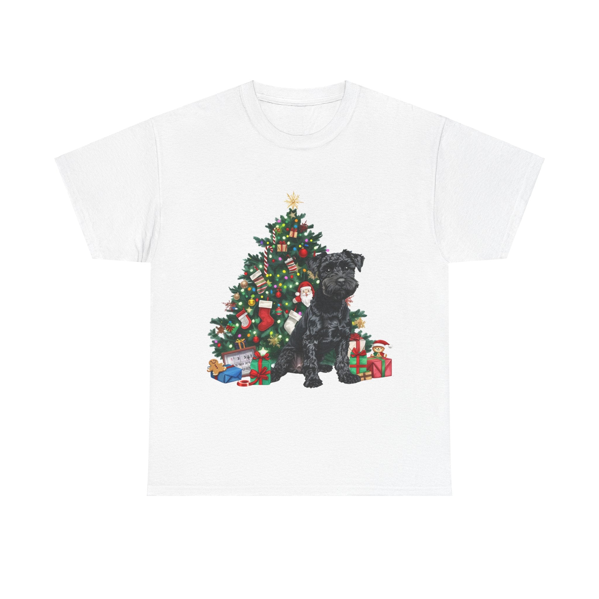 Printify T-Shirt White / S Miniature Schnauzer with Christmas Tree and Gifts – Festive Holiday Dog Art