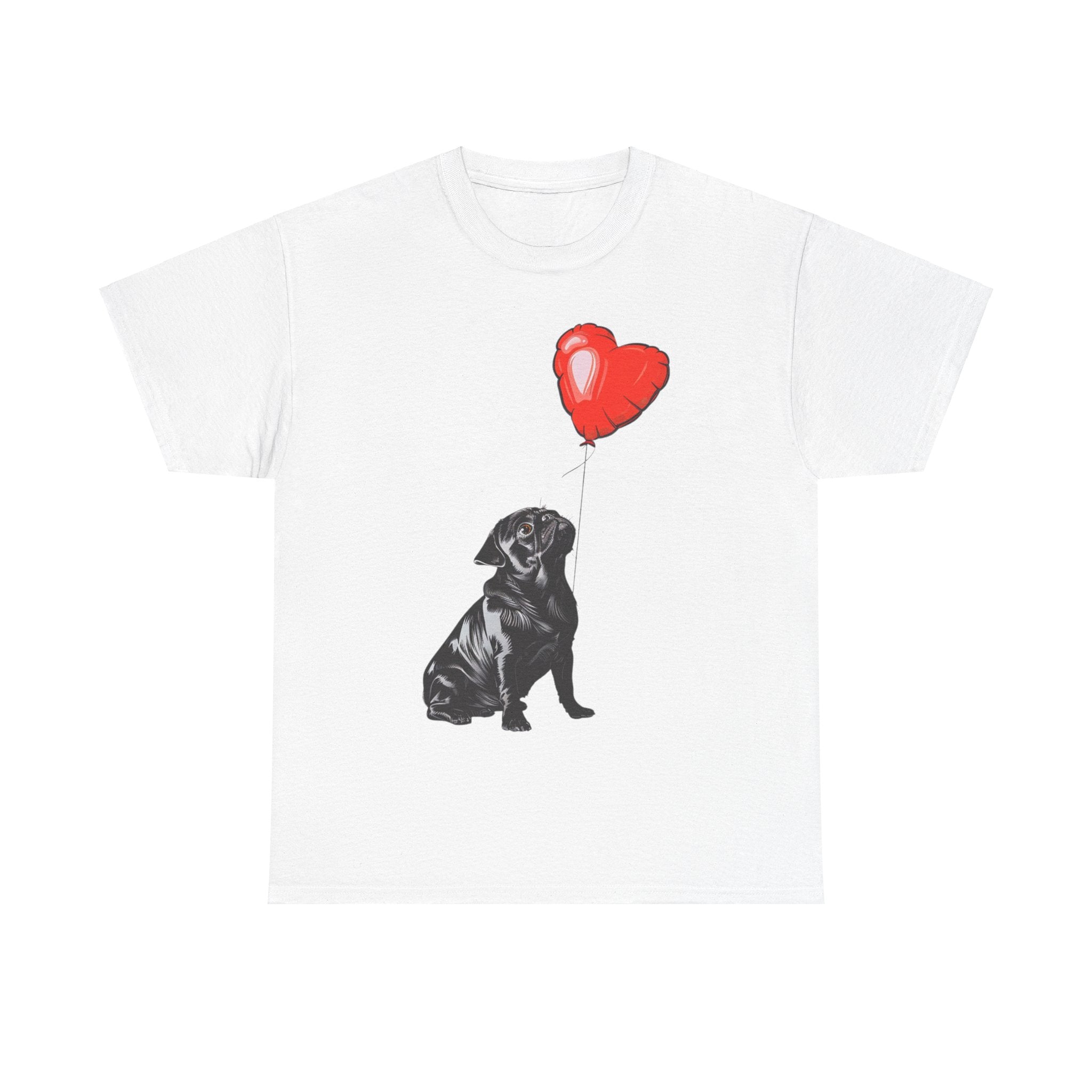 Printify T-Shirt White / S Pug Heart Balloon T-Shirt – Adorable Dog Lover's Apparel with Heart Balloon Art