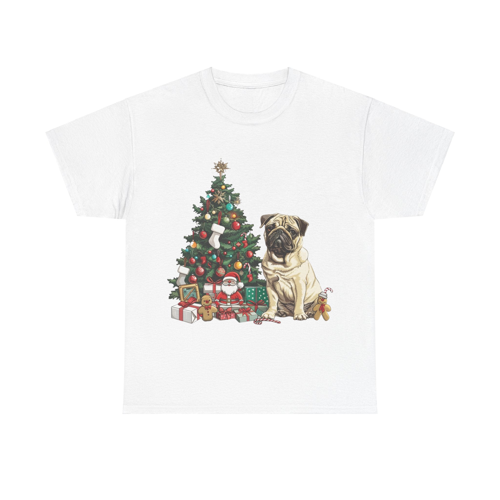 Printify T-Shirt White / S Pug with Christmas Tree and Gifts – Festive Holiday Dog Art