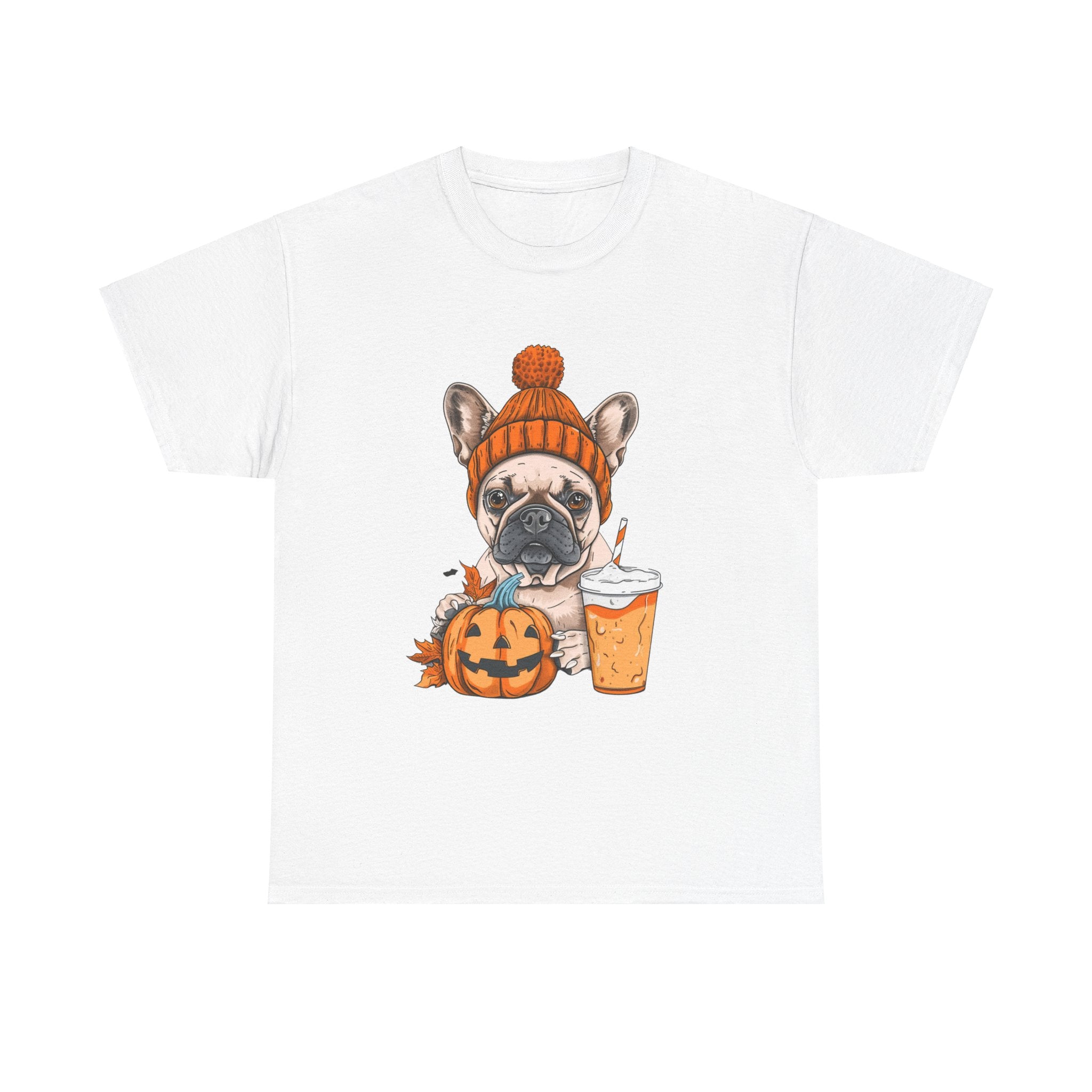 Printify T-Shirt White / S Pumpkin Spice Pooch French Bulldog Unisex Heavy Cotton Tee