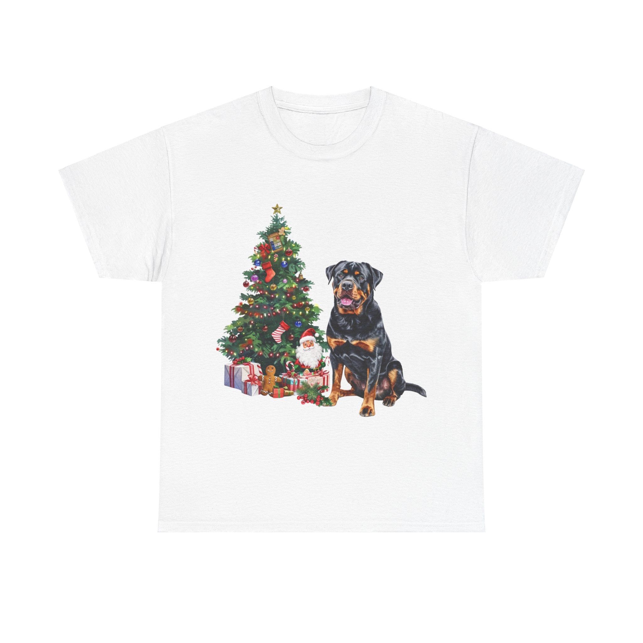 Printify T-Shirt White / S Rottweiler with Christmas Tree and Gifts – Festive Holiday Dog Art