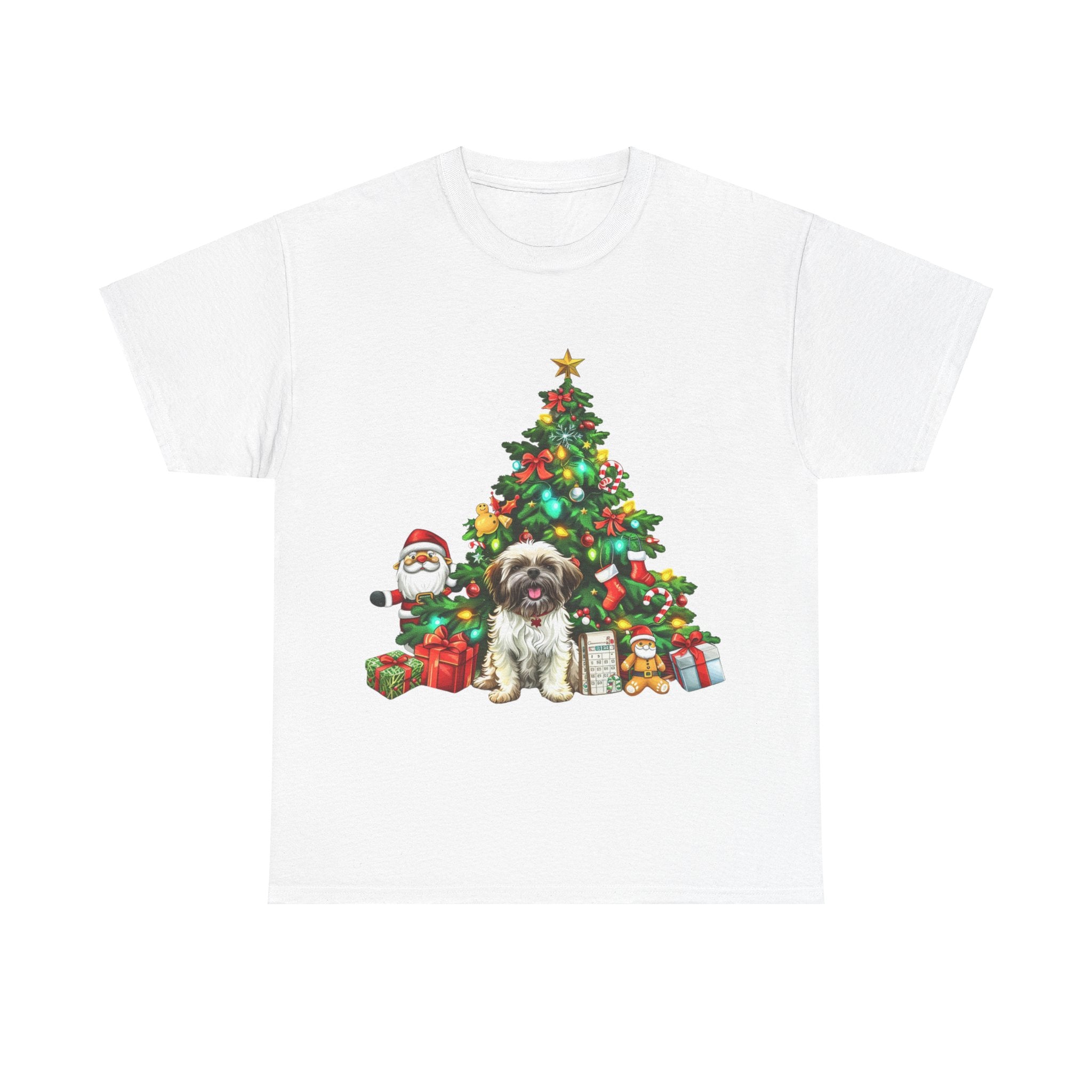 Printify T-Shirt White / S Shih Tzu with Christmas Tree and Gifts – Festive Holiday Dog Art