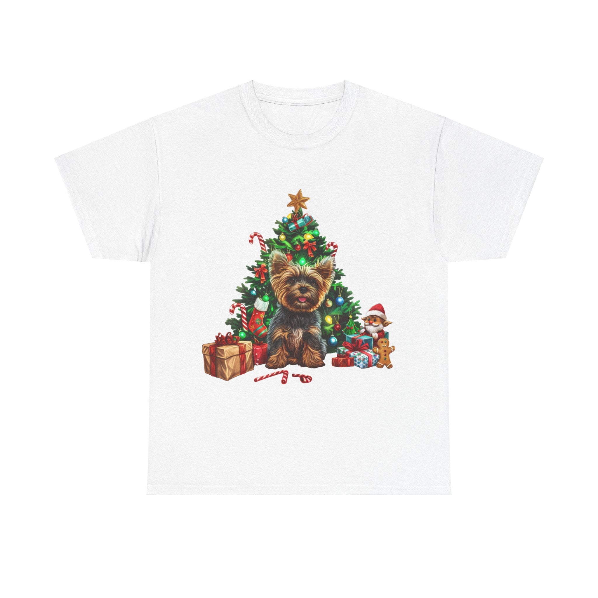 Printify T-Shirt White / S Yorkshire Terrier with Christmas Tree and Gifts – Festive Holiday Dog Art