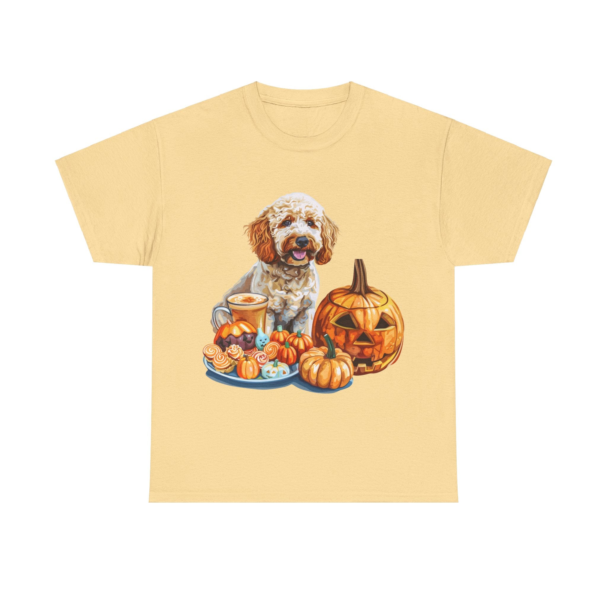 Printify T-Shirt Yellow Haze / S Adorable Cockapoo Halloween Design with Pumpkins and Festive Treats - Perfect for Dog Lovers