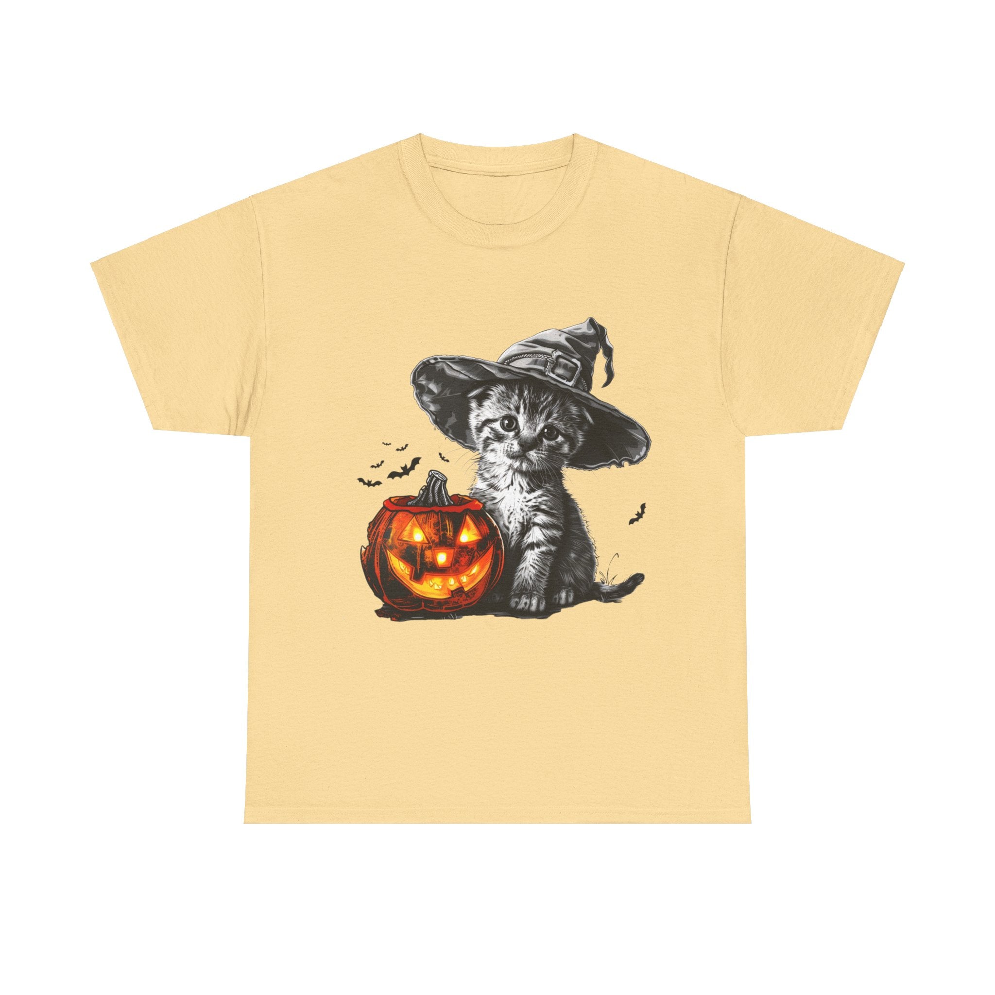 Printify T-Shirt Yellow Haze / S Adorable Kitten Witch Halloween Shirt – Spooky Pumpkin Design