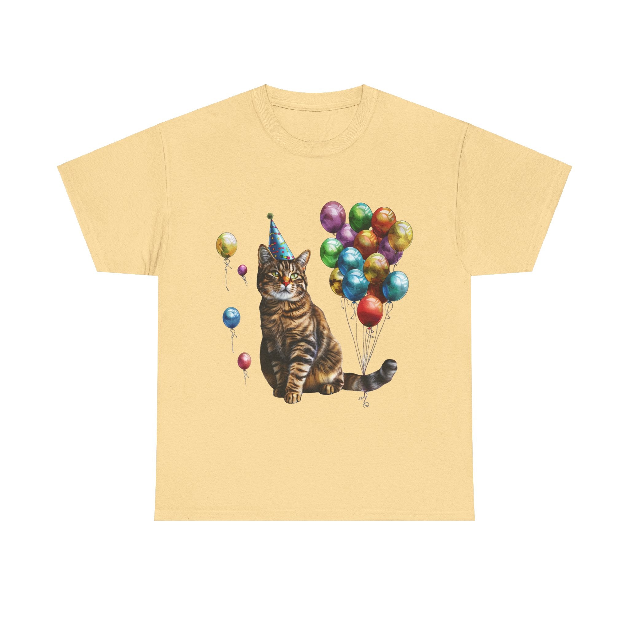 Printify T-Shirt Yellow Haze / S Birthday Cat with Balloons – Celebrate in Feline Style!