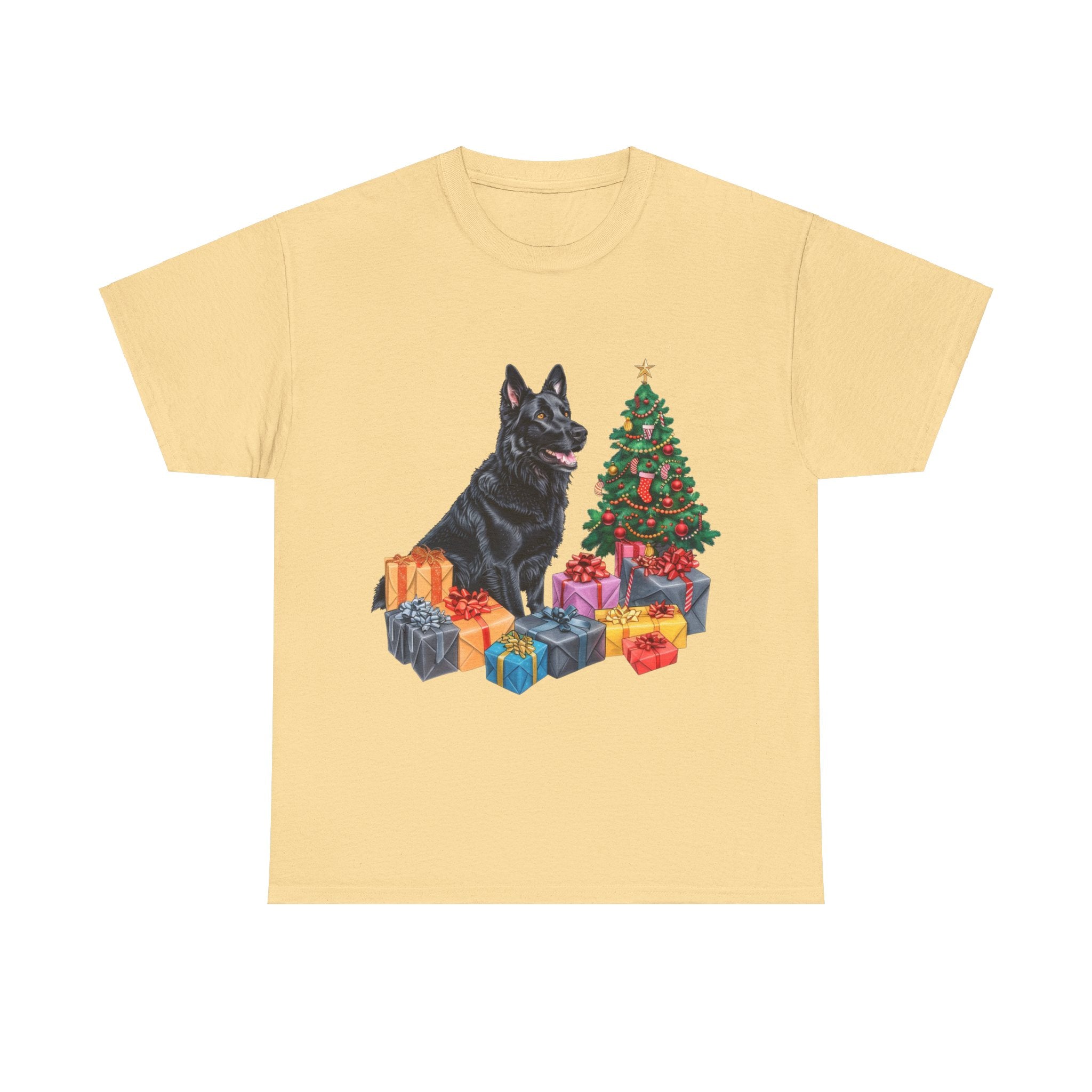 Printify T-Shirt Yellow Haze / S Christmas Black Shepherd Dog with Gifts and Tree – A Festive and Loyal Companion