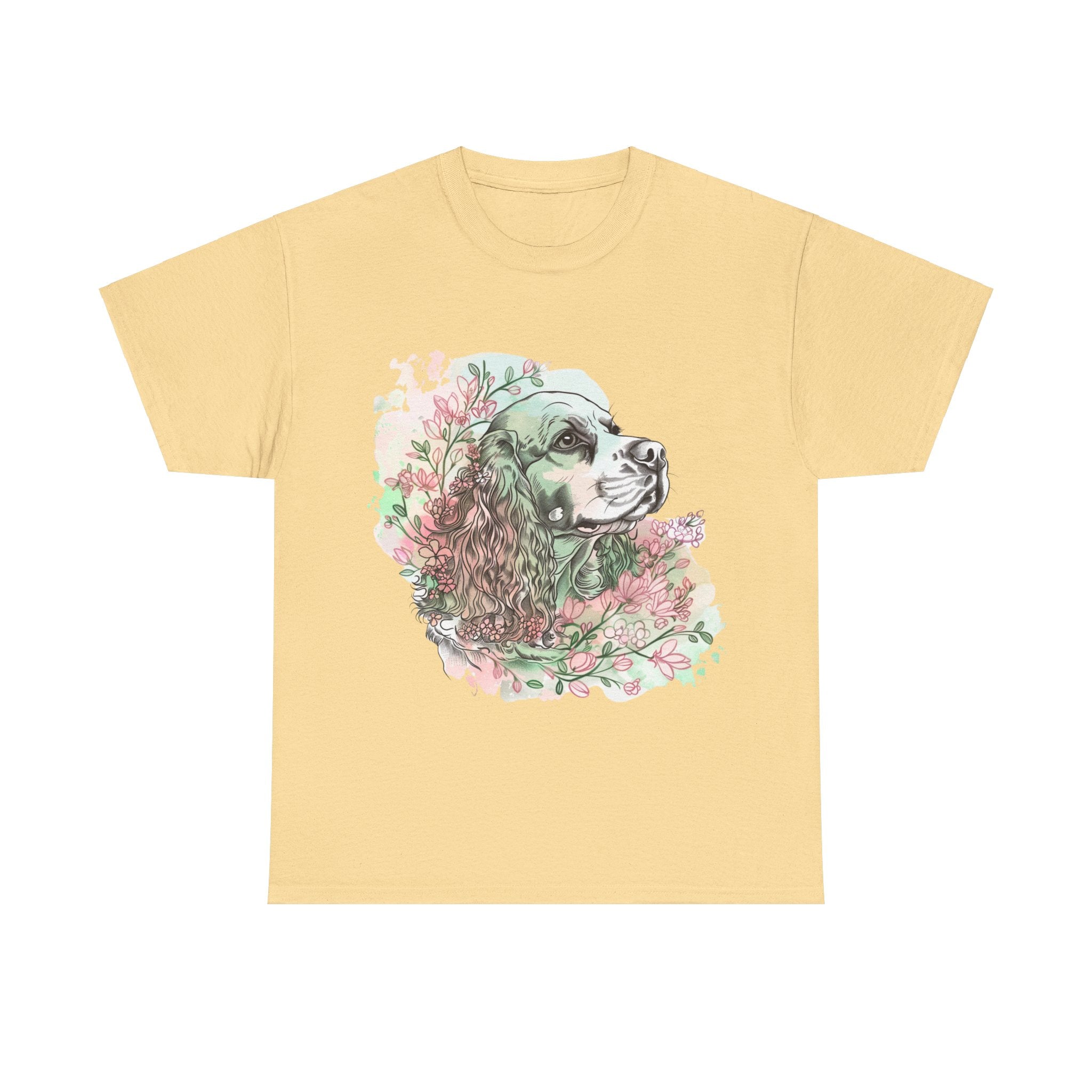 Printify T-Shirt Yellow Haze / S Cocker Spaniel with Floral Accents – Artistic Dog Illustration