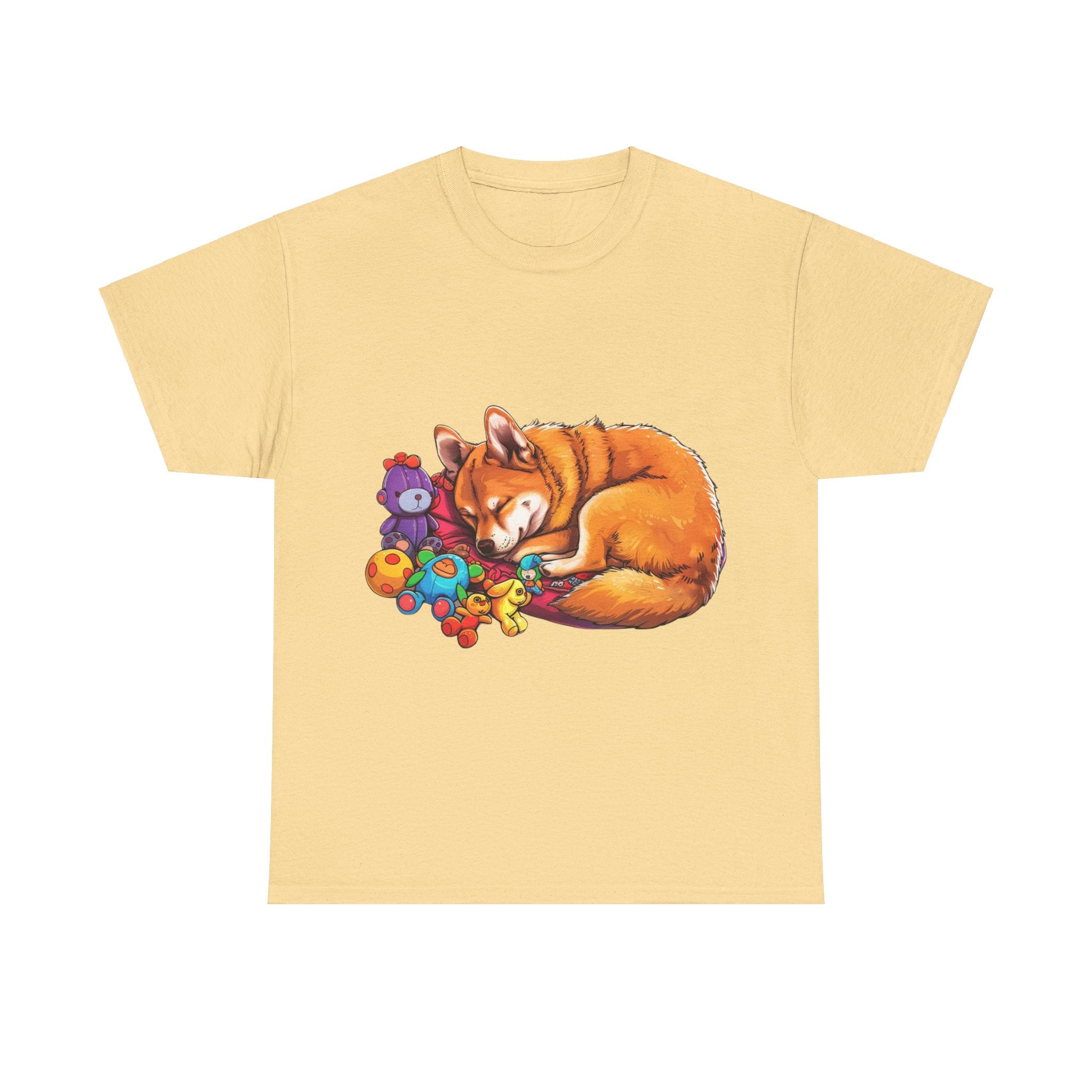 Printify T-Shirt Yellow Haze / S Cozy Shiba Slumber – Dog Sleeping with Plush Toys Design