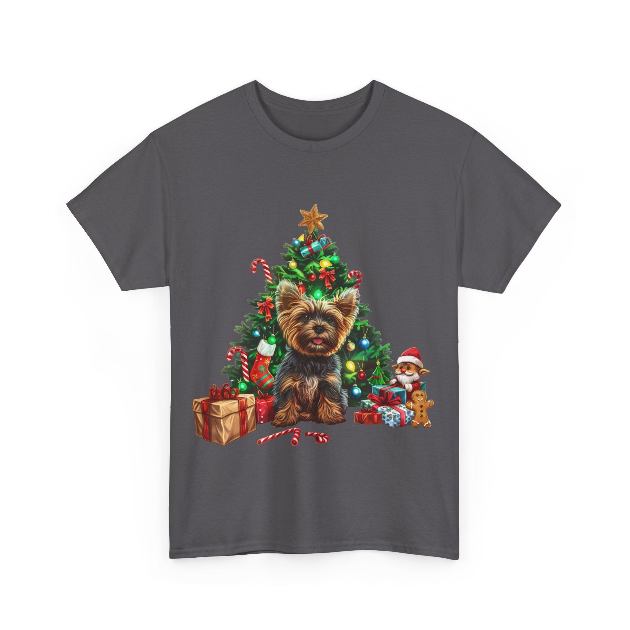 Printify T-Shirt Yorkshire Terrier with Christmas Tree and Gifts – Festive Holiday Dog Art