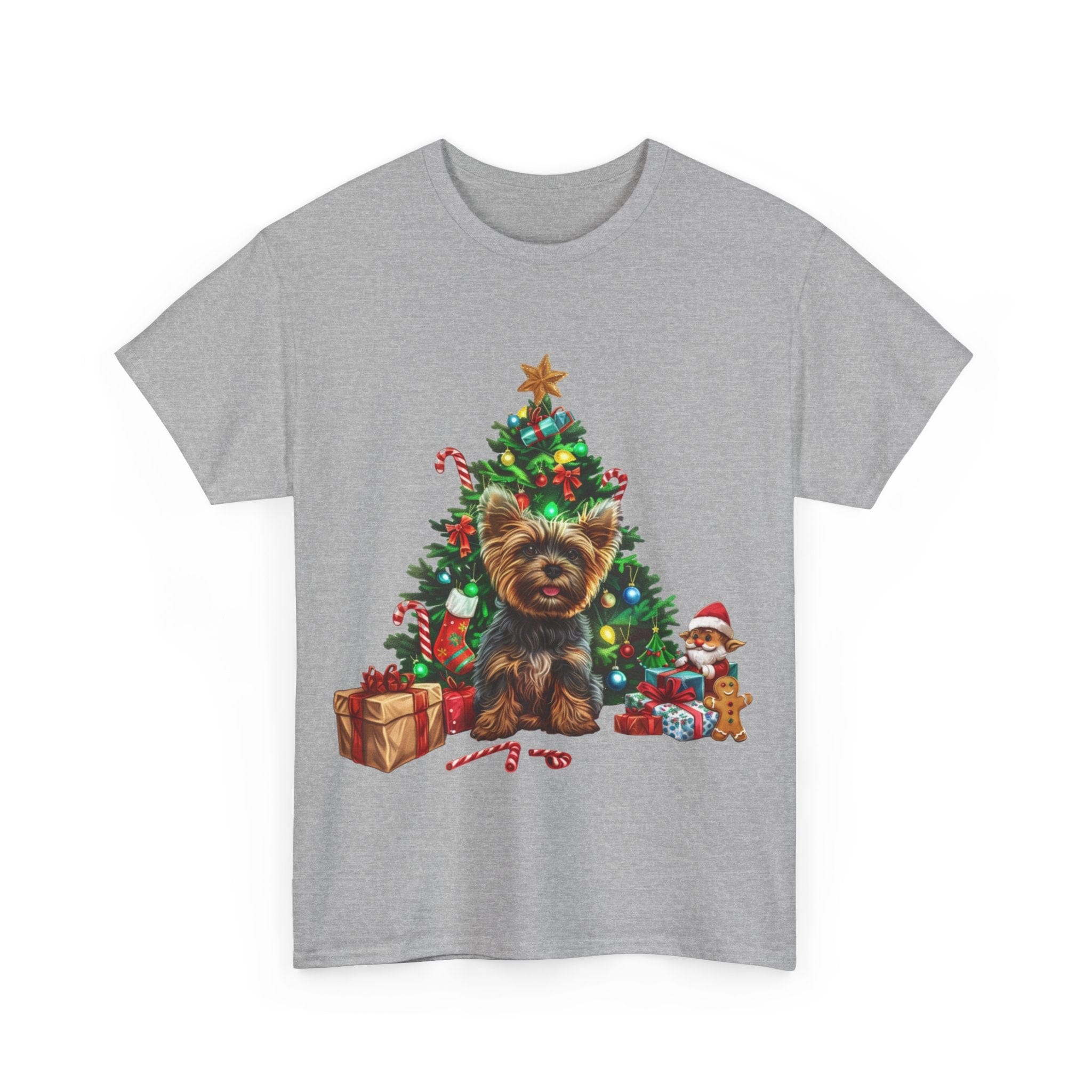 Printify T-Shirt Yorkshire Terrier with Christmas Tree and Gifts – Festive Holiday Dog Art